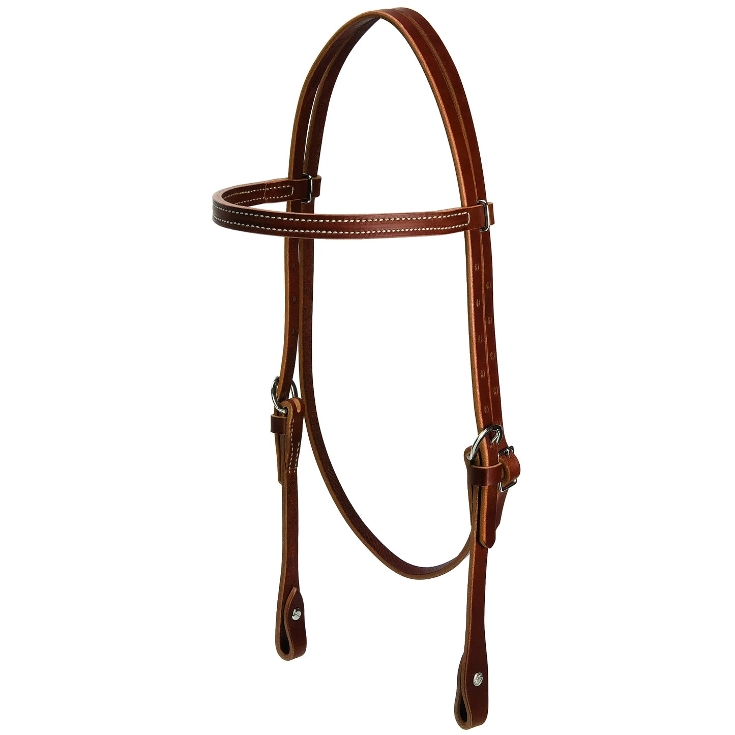Weaver Leather Horizons Headstall in rich Sunset harness leather featuring a classic straight browband and crisp white contrast stitching. This high-quality western horse headstall includes durable stainless steel hardware, adjustable cheek pieces, and bit ends. Ideal for trail riding or daily ranch work, this durable leather bridle combines timeless style with reliable performance for any horse and rider.