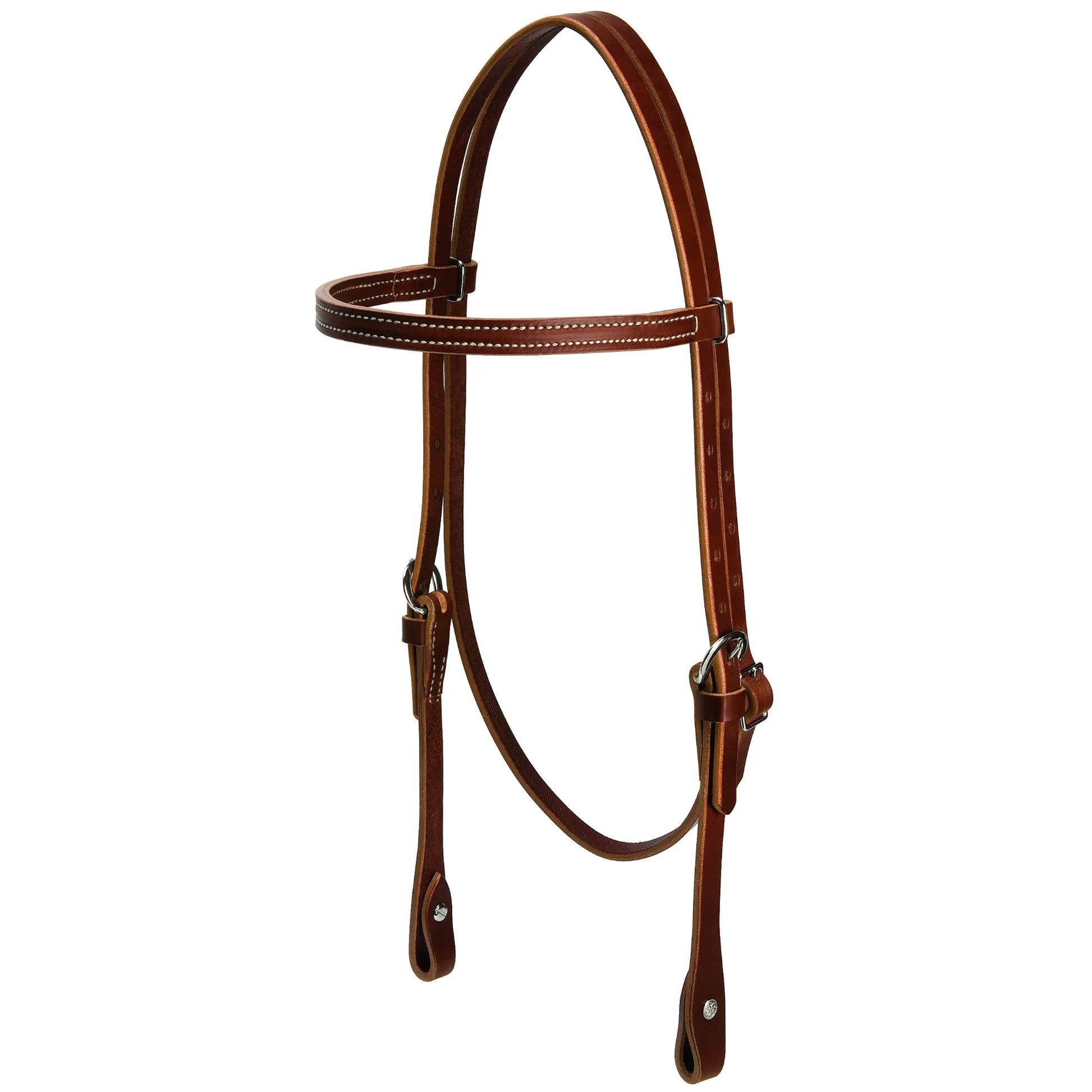 Weaver Leather Horizons Headstall in rich Sunset harness leather featuring a classic straight browband and crisp white contrast stitching. This high-quality western horse headstall includes durable stainless steel hardware, adjustable cheek pieces, and bit ends. Ideal for trail riding or daily ranch work, this durable leather bridle combines timeless style with reliable performance for any horse and rider.