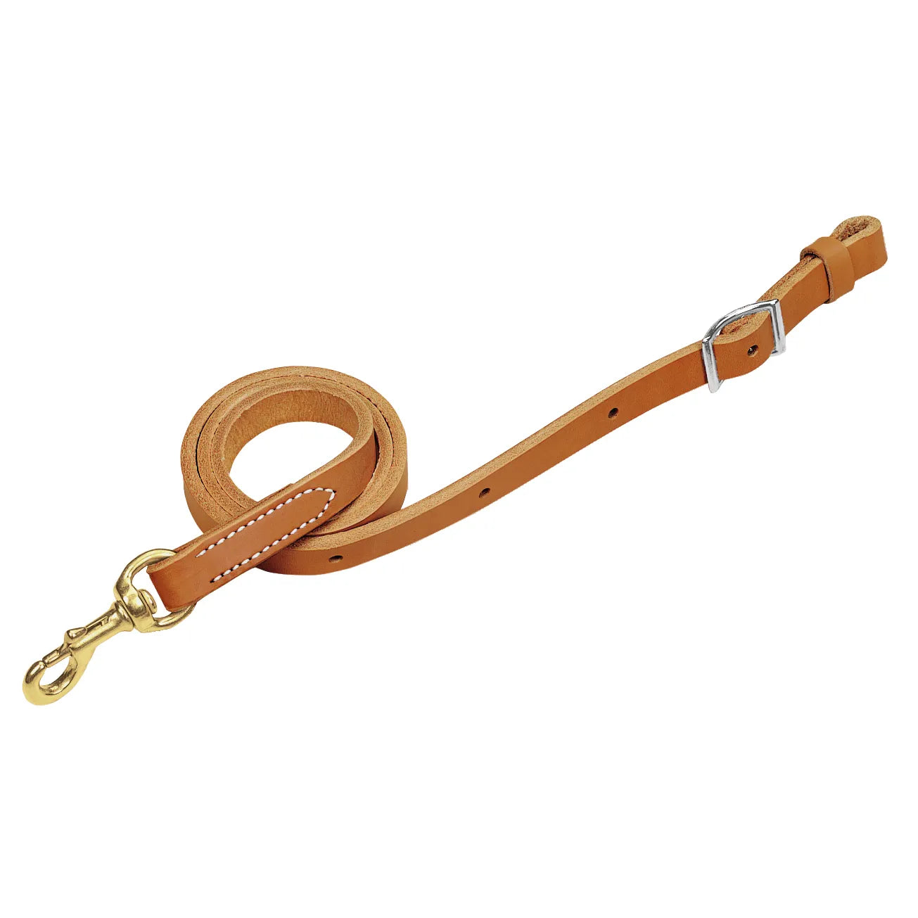 Weaver Leather Horizons Reins in a rich tan leather, featuring a brass snap hook with decorative white stitching and an adjustable silver buckle end. These high-quality western horse reins are perfect for riders seeking durable, professional equestrian equipment. Ideal for training or trail riding, the premium leather ensures long-lasting performance and a classic look.