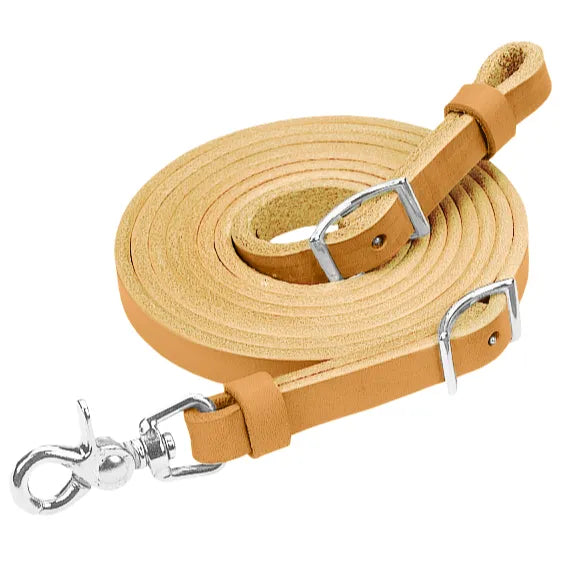 Weaver Leather Horizons Reins in natural tan, featuring premium leather and durable silver hardware. These horse reins include a swivel bolt snap and adjustable Conway buckles for easy attachment and versatility. A must-have piece of high-quality equestrian tack for western riding, trail adventures, and training, offering a classic look with lasting reliability.