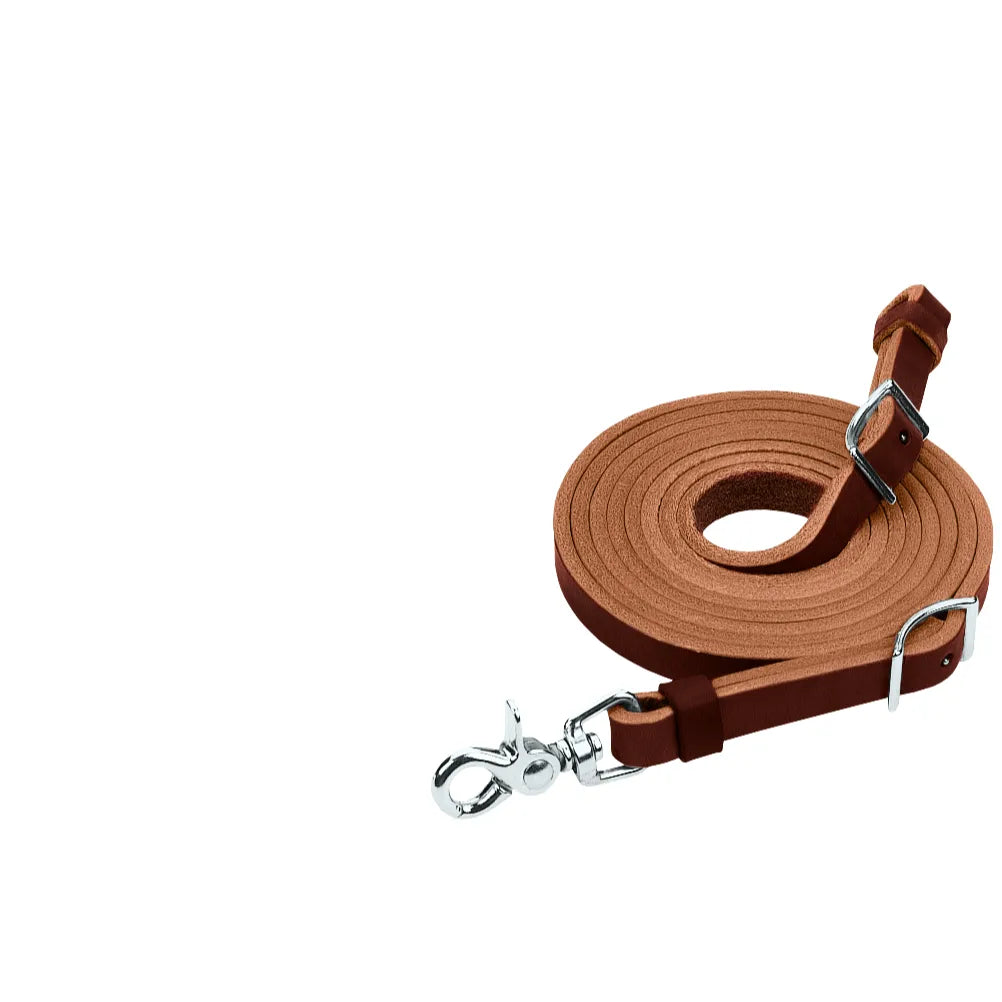 Weaver Leather Horizons Reins in rich brown leather. These professional-grade horse reins feature durable silver-tone hardware, a secure scissor snap for easy attachment, and adjustable buckle ends. High-quality equestrian tack designed for comfort and control, perfect for western riders looking for classic, long-lasting gear.