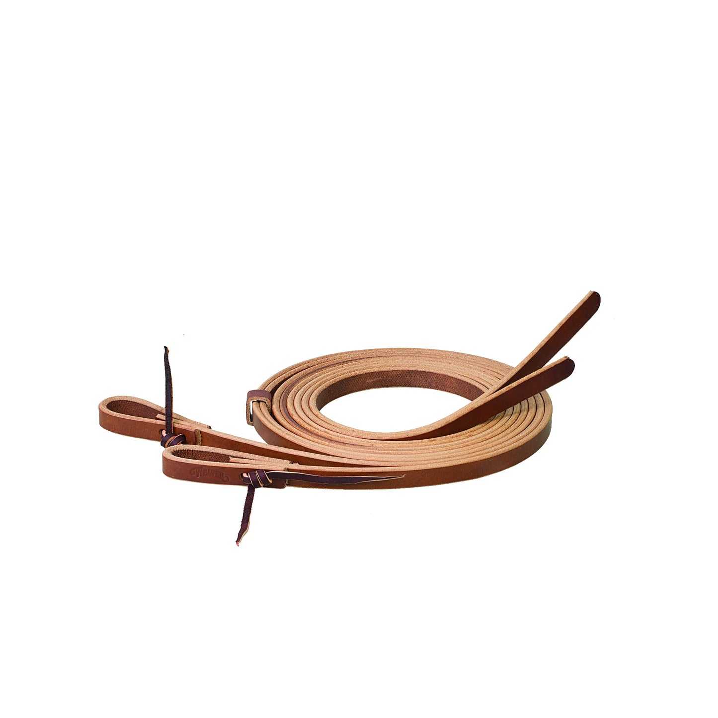 Weaver Leather Horizons Reins in a rich chestnut brown. These premium leather split reins for western riding feature heavy-duty tie-on bit ends with latigo ties for a secure fit. Durable and professional, these horse reins are perfect for training, trail riding, and everyday equestrian use.