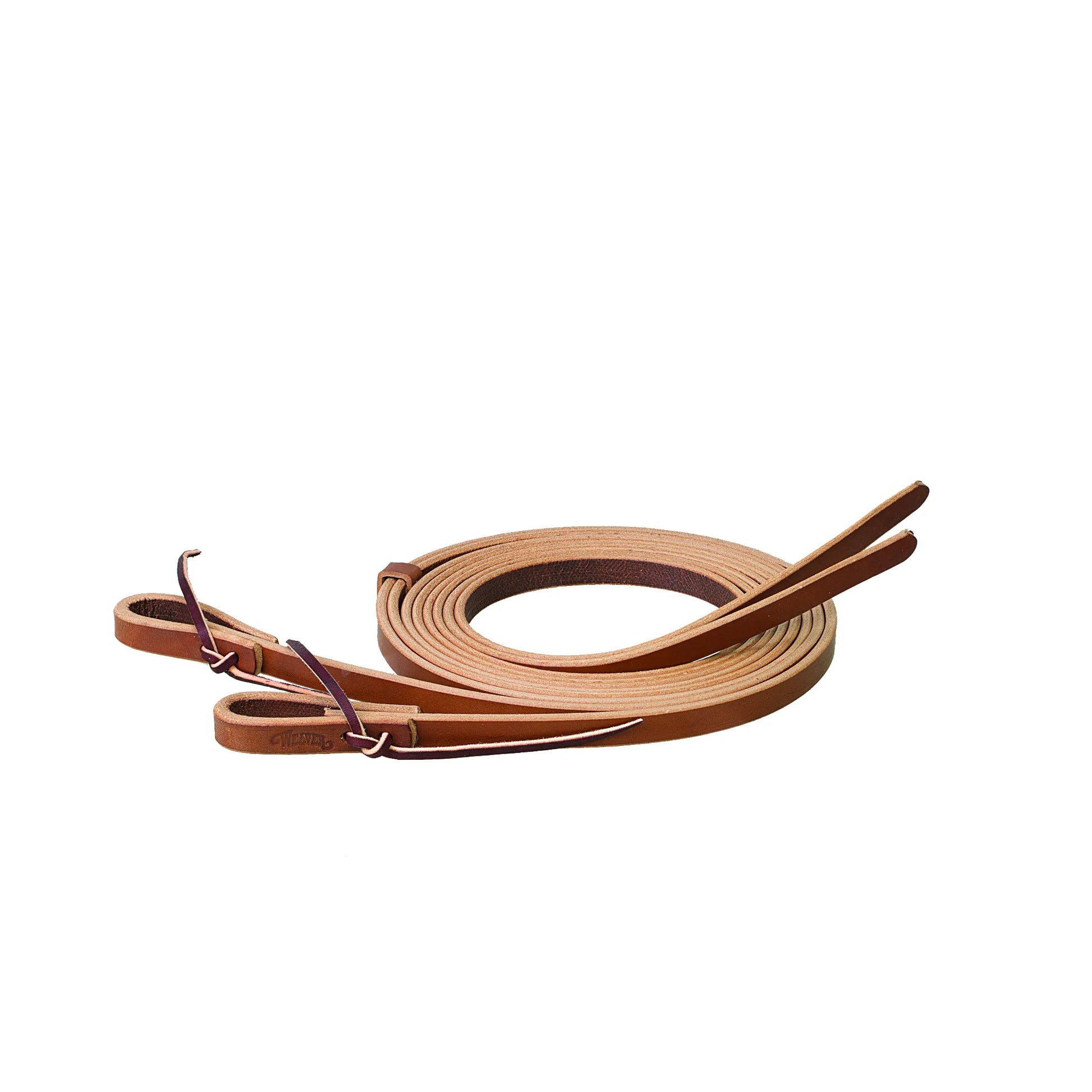 Weaver Leather Horizons Western split reins crafted from premium chestnut brown leather. These high-quality reins feature water tie bit ends and hand-rubbed edges for a professional finish and comfortable grip. Neatly coiled to show the supple, durable leather, these split reins are a must-have for Western riding, horse training, and trail adventures. The "Weaver" brand stamp ensures quality craftsmanship in every piece of equestrian tack.