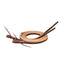 Weaver Leather Horizons Split Reins in a rich burgundy color with natural tan edges. These high-quality leather horse reins feature leather ties at the bit ends for a classic Western look and easy attachment. Durable and supple, they are perfect for training, trail riding, and everyday Western horse tack needs. Neatly coiled to show off the premium craftsmanship and smooth finish of these essential riding reins.