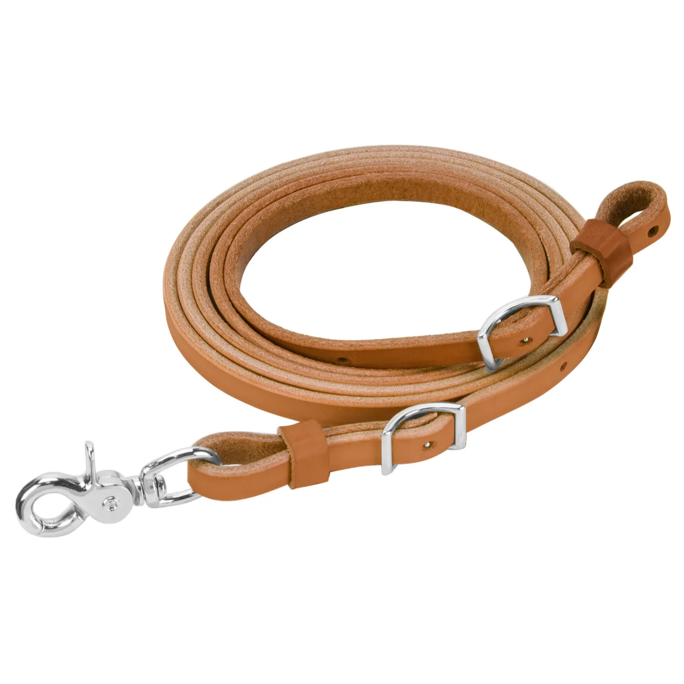 Weaver Leather Horizons Reins in premium tan leather, coiled to show the smooth grain and durable construction. This horse tack features silver-toned Conway buckles for easy adjustment and a sturdy swivel snap for quick attachment. High-quality equestrian gear perfect for Western riding, training, or trail rides.
