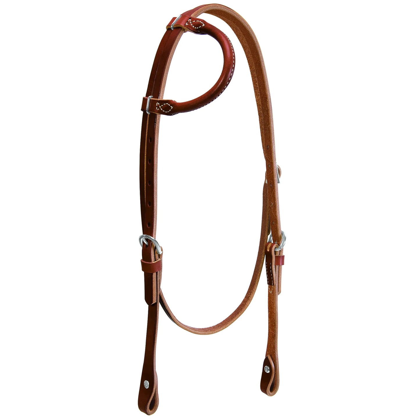 Weaver Leather Horizons Rolled Sliding Ear Headstall crafted from rich, sunset harness leather. This Western horse headstall features a comfortable rolled sliding ear piece for a custom fit, adjustable cheek pieces with stainless steel buckles, and Chicago screw bit ends. A durable and classic piece of equestrian equipment perfect for training, trail riding, or competition.