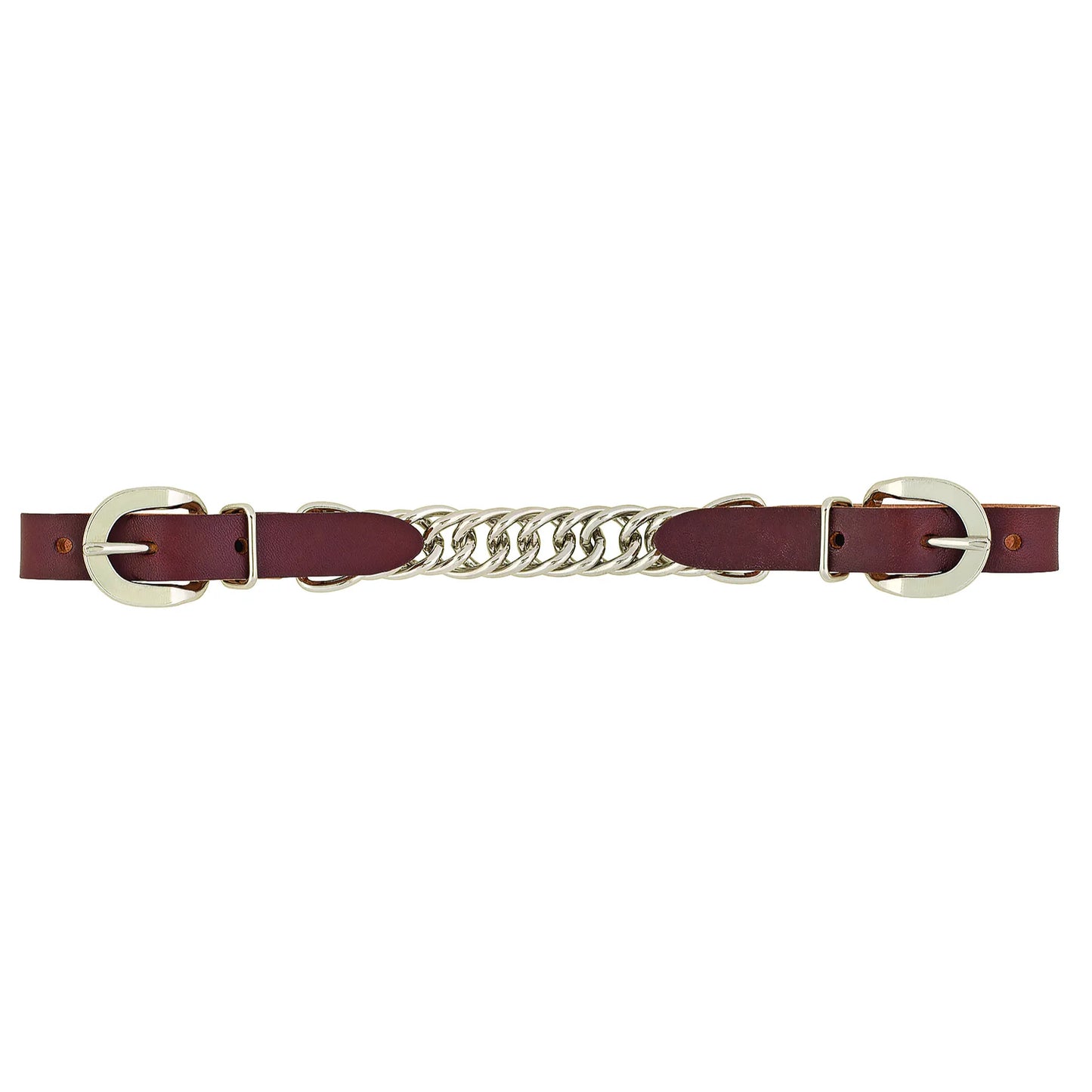 Weaver Leather Horizons Single Flat Link Chain Curb Strap featuring premium burgundy leather and durable silver-toned hardware. This essential equestrian bridle accessory includes a flat link chain center and two adjustable buckles for a custom fit. A stylish and functional addition to Western horse tack, designed for quality performance and a classic look in the arena or on the trail.