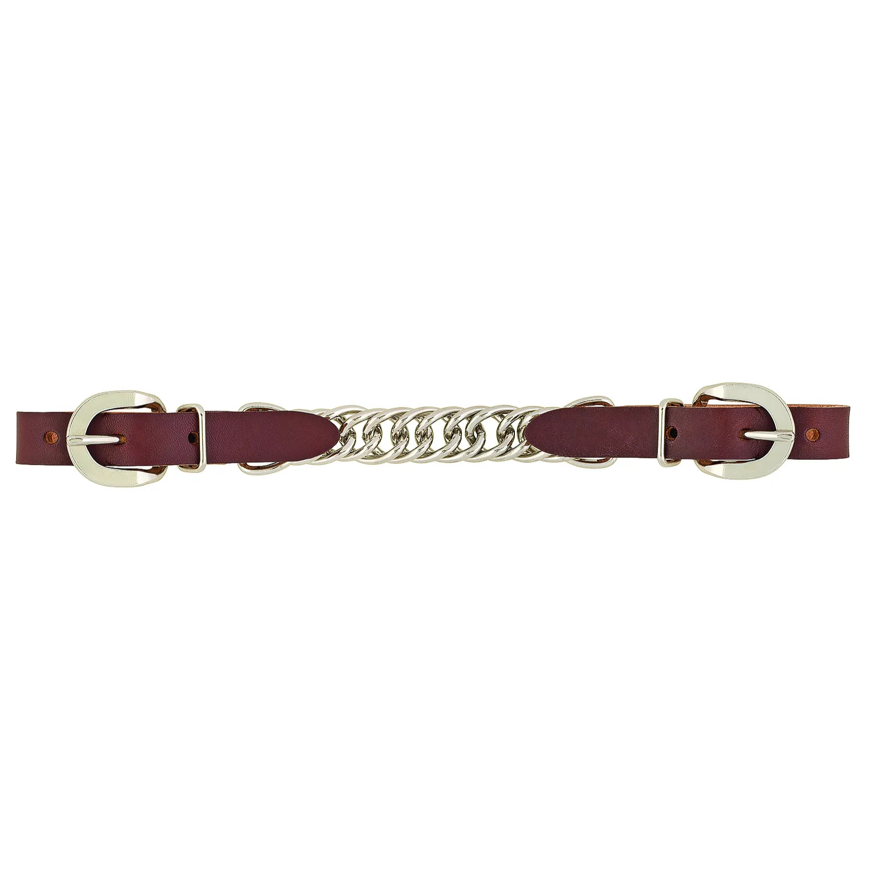 Weaver Leather Horizons Single Flat Link Chain Curb Strap featuring premium burgundy leather and durable silver-toned hardware. This essential equestrian bridle accessory includes a flat link chain center and two adjustable buckles for a custom fit. A stylish and functional addition to Western horse tack, designed for quality performance and a classic look in the arena or on the trail.