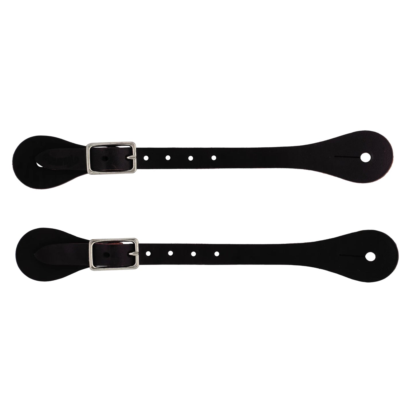 Pair of Weaver Leather Horizons Spur Straps crafted from premium dark brown harness leather. These durable western riding tack accessories feature silver-tone adjustable buckles and reinforced holes for a secure fit. High-quality equestrian gear designed for long-lasting performance and style on any riding boot.