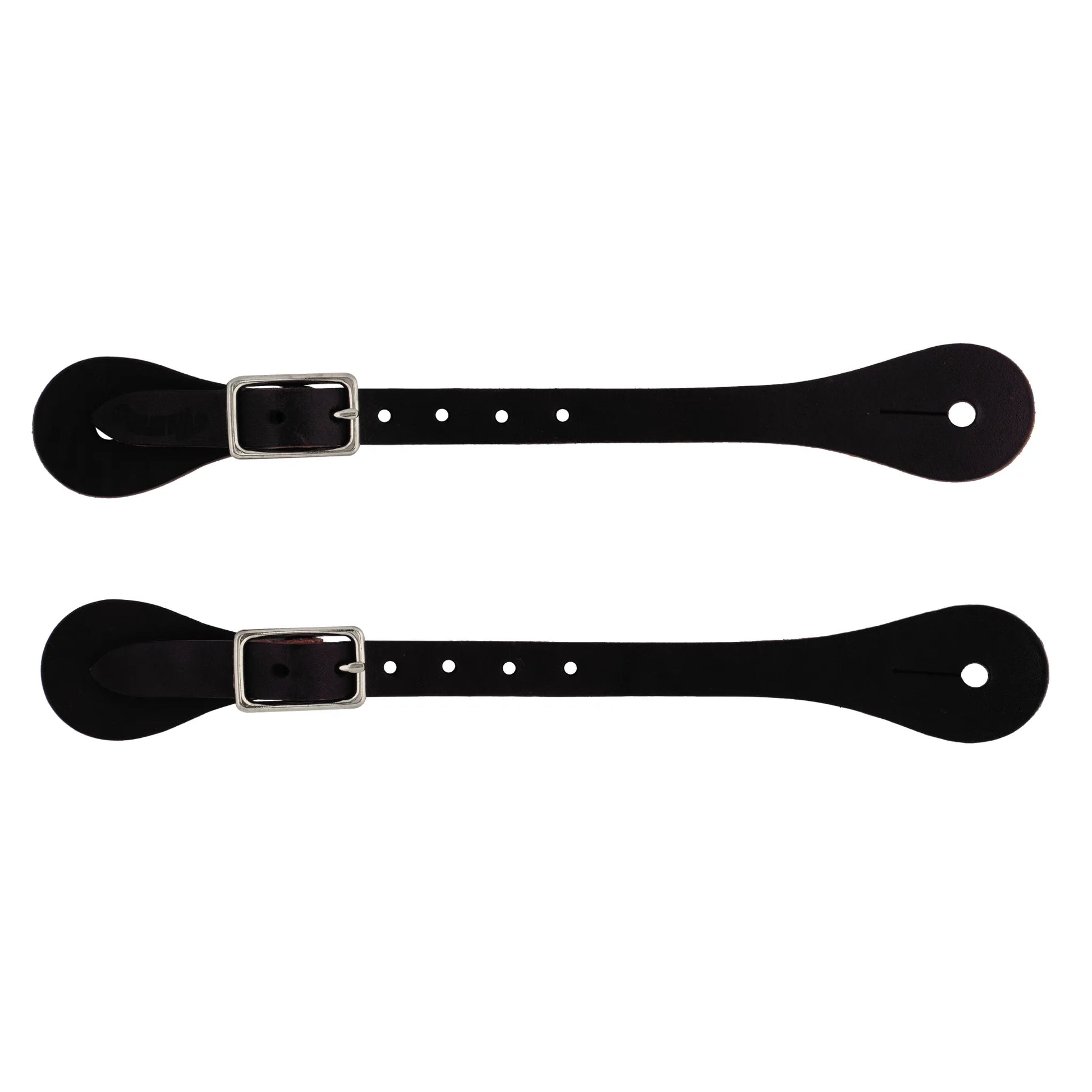 Pair of Weaver Leather Horizons Spur Straps crafted from premium dark brown harness leather. These durable western riding tack accessories feature silver-tone adjustable buckles and reinforced holes for a secure fit. High-quality equestrian gear designed for long-lasting performance and style on any riding boot.