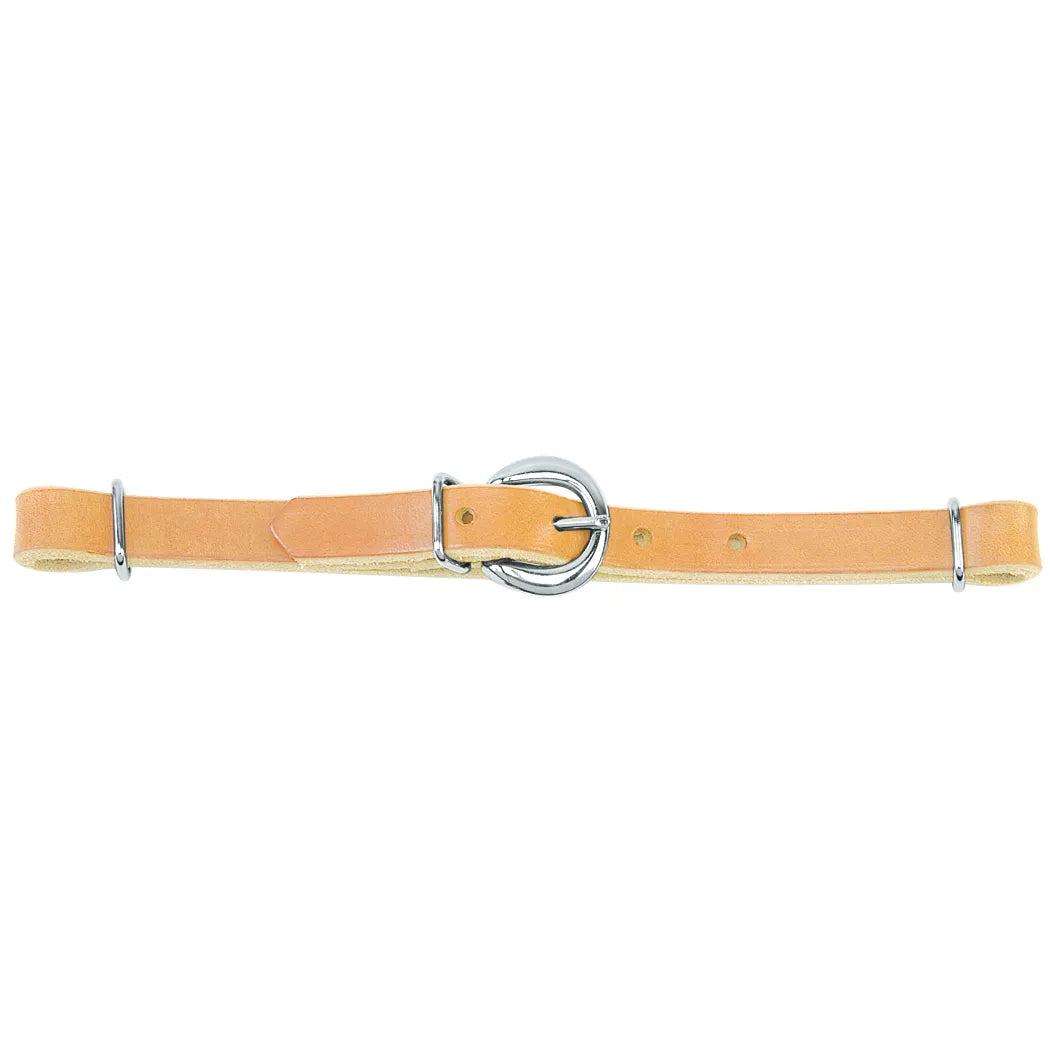 Weaver Leather Horizons Straight Harness Leather Curb Strap in a natural tan finish. This premium equestrian bit accessory features durable russet harness leather with a rounded silver-tone buckle and two matching rings for easy attachment. A classic, reliable addition to any horse's bridle for subtle control. Perfect for western riding and everyday training.