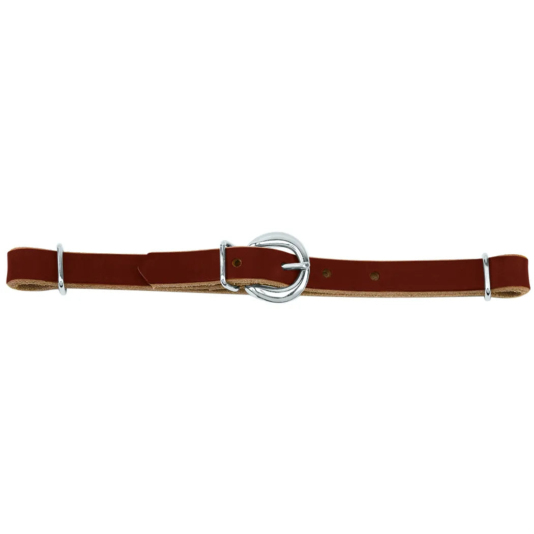 Weaver Leather Horizons Straight Harness Leather Curb Strap in a rich mahogany brown. This high-quality western horse tack features durable harness leather with a sleek silver-tone buckle and two metal keepers for a secure, adjustable fit. An essential accessory for western bits, this leather curb strap combines professional performance with classic style for any equestrian's collection.
