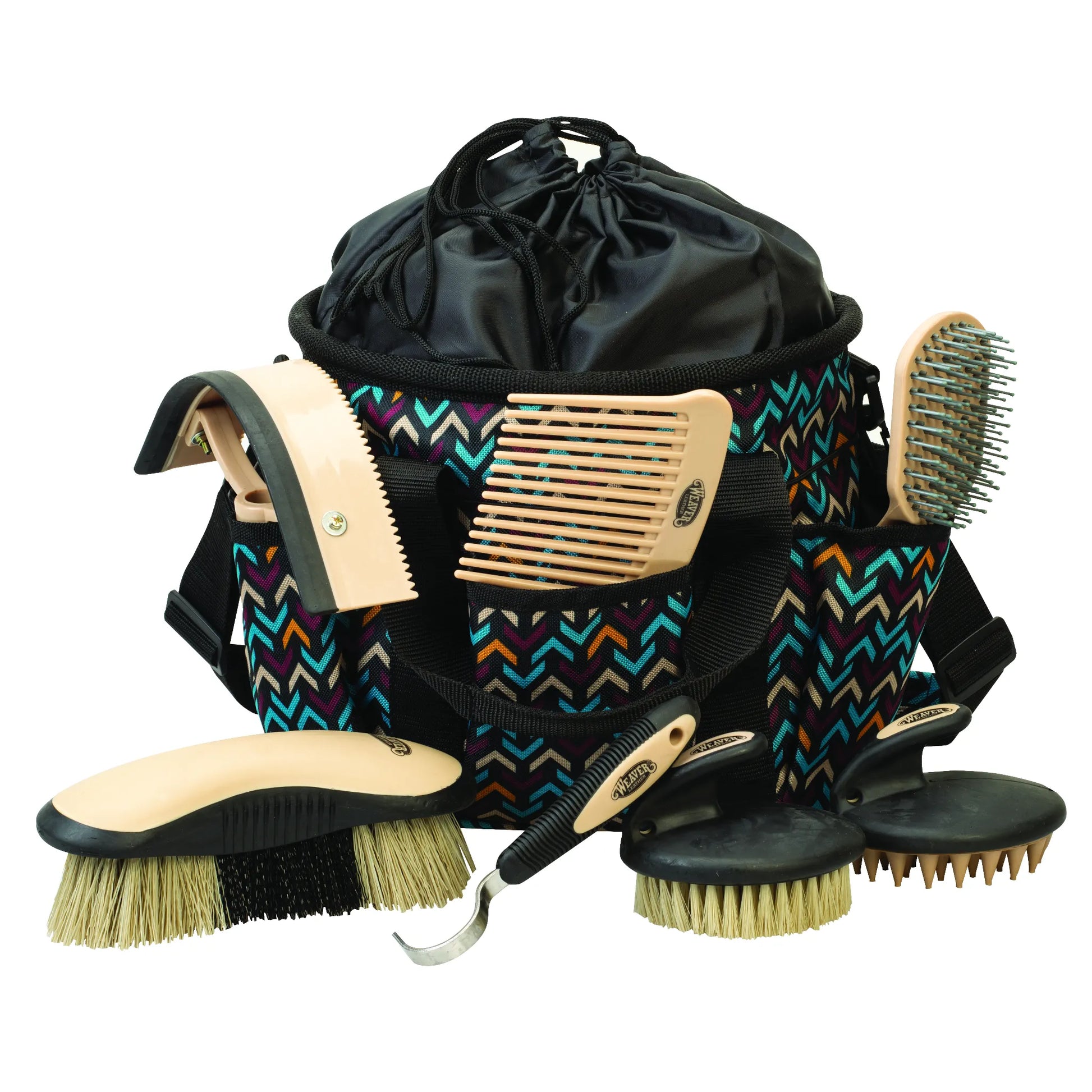 Weaver Leather Horse Grooming Kit featuring a 7-piece assortment in a vibrant teal and purple chevron patterned tote. This equine set includes a dandy brush, face brush, mane and tail comb, pin brush, curry comb, sweat scraper, and hoof pick. Each tool features ergonomic tan handles for comfort. Perfect for horse care and show prep, this stylish grooming bag keeps all your equestrian supplies organized and portable.