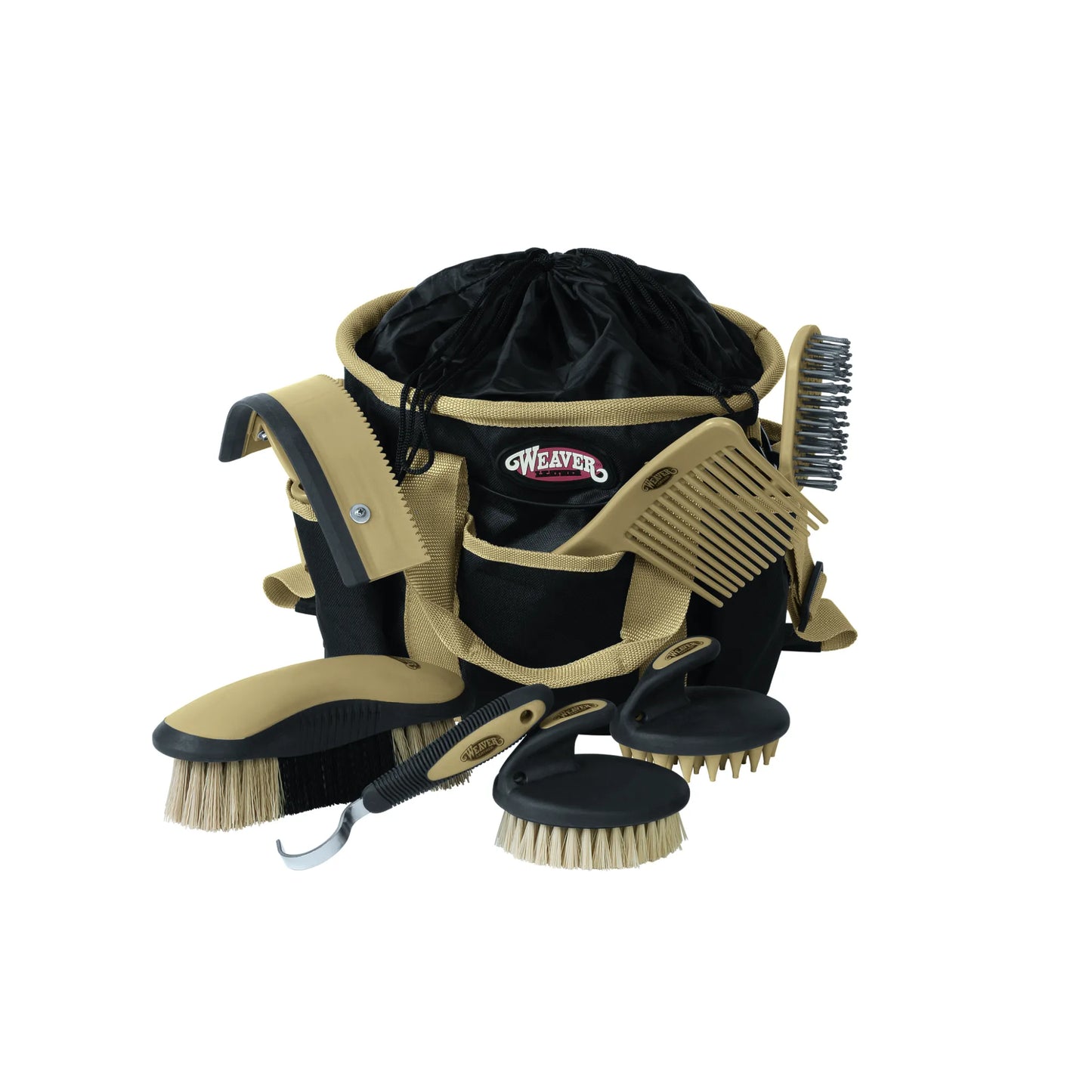 Weaver Leather 7-piece horse grooming kit in tan and black. This professional equine set includes a portable drawstring tote bag, sweat scraper, mane and tail comb, face brush, dandy brush, curry comb, and a hoof pick. Each tool features an ergonomic handle for comfort. A must-have horse care essential for equestrians, these high-quality stable supplies are perfect for daily grooming and keeping your horse's coat clean and healthy.