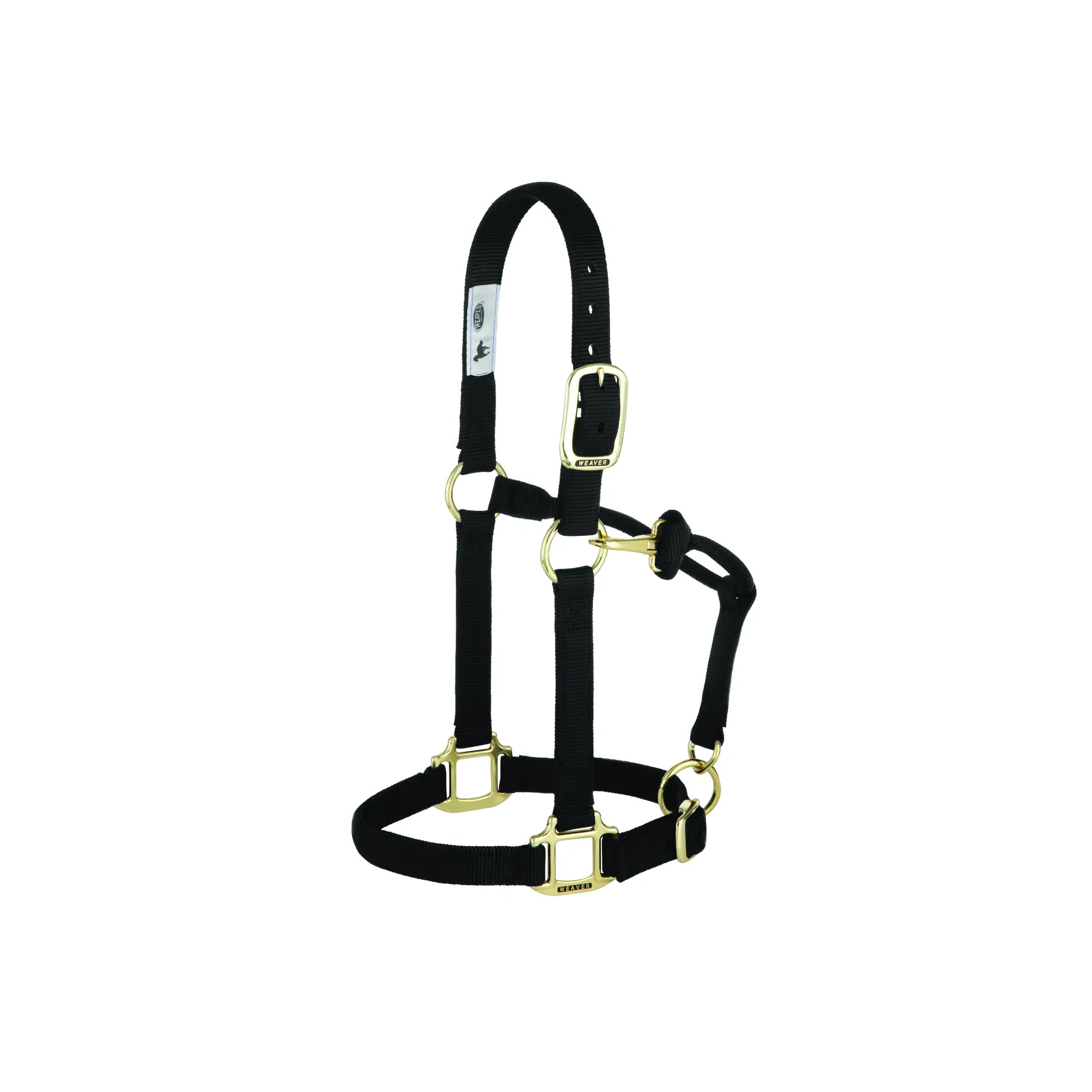 Black Weaver Leather adjustable nylon horse halter featuring premium brass-plated hardware. This durable equestrian tack includes a buckle crown, a convenient throat snap, and a reinforced chin strap for a secure, comfortable fit. Ideal for horse training, turnout, and daily barn use, this high-quality horse halter combines classic style with long-lasting performance.