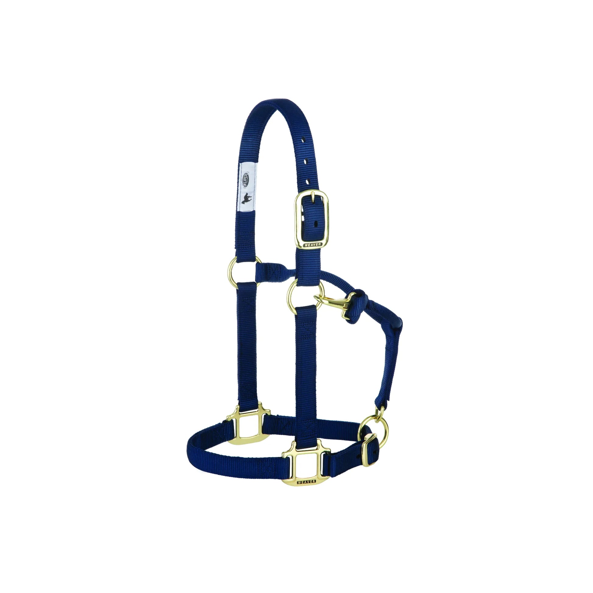 Weaver Leather navy blue nylon horse halter with premium brass hardware. This adjustable halter features a reinforced crownpiece, adjustable chin strap, and convenient throat snap for a custom fit. Durable and stylish, it’s a must-have piece of equestrian equipment for daily use, training, or trailering. High-quality construction ensures horse comfort and long-lasting performance.