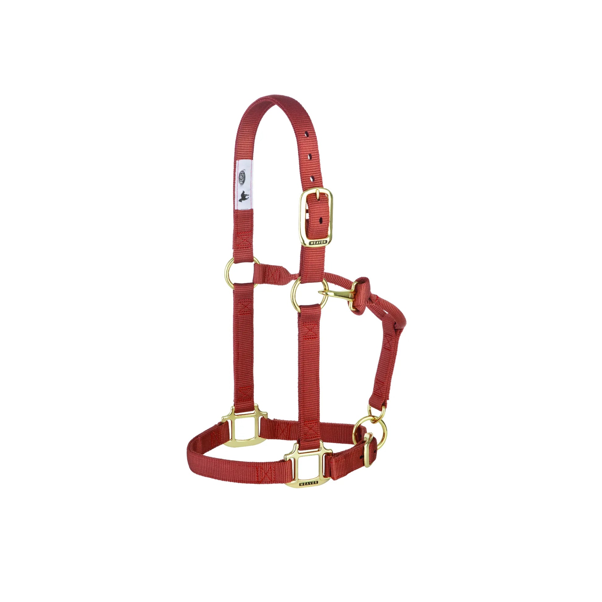 Weaver Leather red adjustable nylon horse halter with premium brass hardware. This durable equestrian halter features reinforced stitching, a snap throatlatch, and an adjustable crown for a custom fit. Perfect for everyday stable use, leading, and training, combining comfort with high-quality horse tack design.