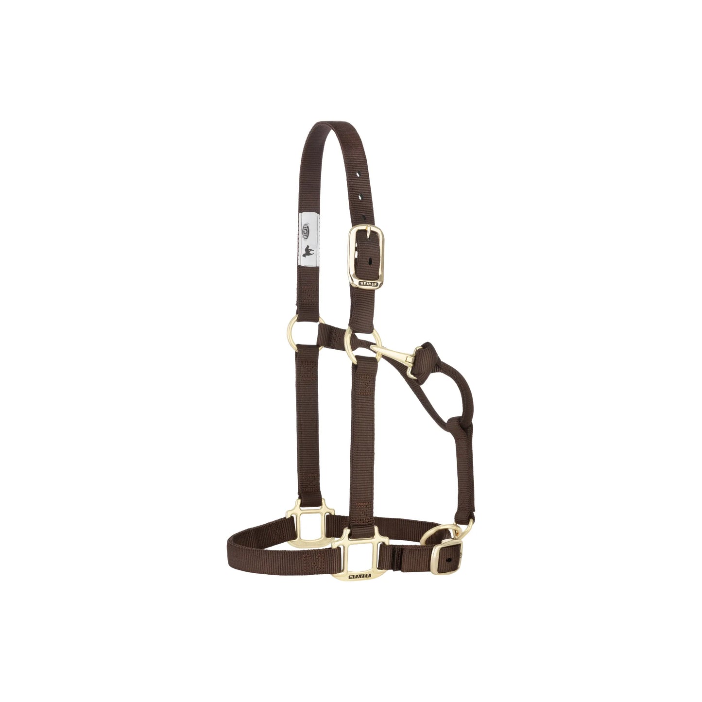 Chocolate brown Weaver Leather adjustable nylon horse halter with high-quality brass-plated hardware. Features a double-buckle crown, adjustable chin, and throat snap for a secure, custom fit. This durable equestrian tack is perfect for daily barn use, training, and travel, offering both comfort and style for your horse.