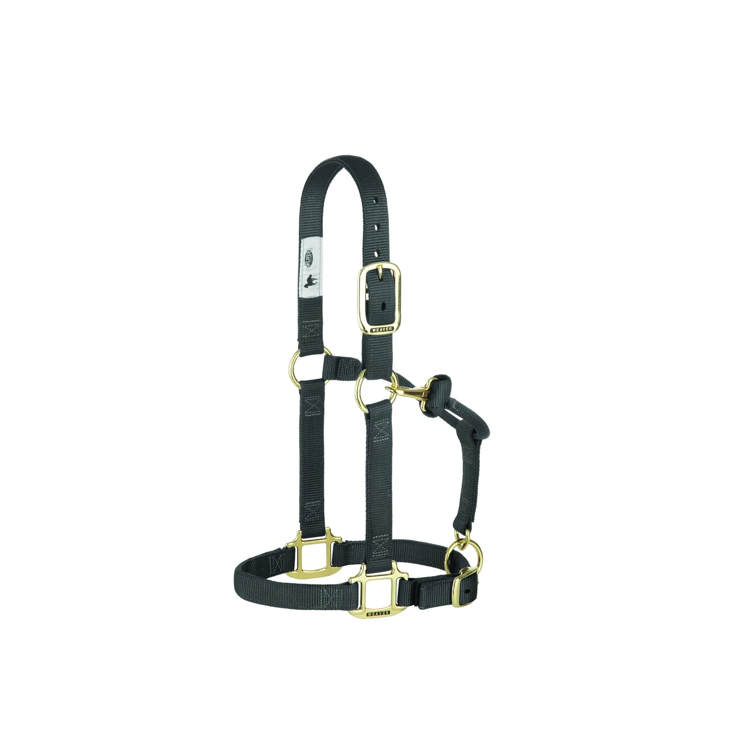 Classic Weaver Leather Adjustable Nylon Horse Halter in sleek black with durable brass-plated hardware. Designed for comfort and longevity, this high-quality horse halter features an adjustable crown and noseband for a custom fit, box-stitched stress points for added strength, and a convenient throat snap. A reliable and stylish piece of equestrian tack perfect for everyday use, training, or turnout.