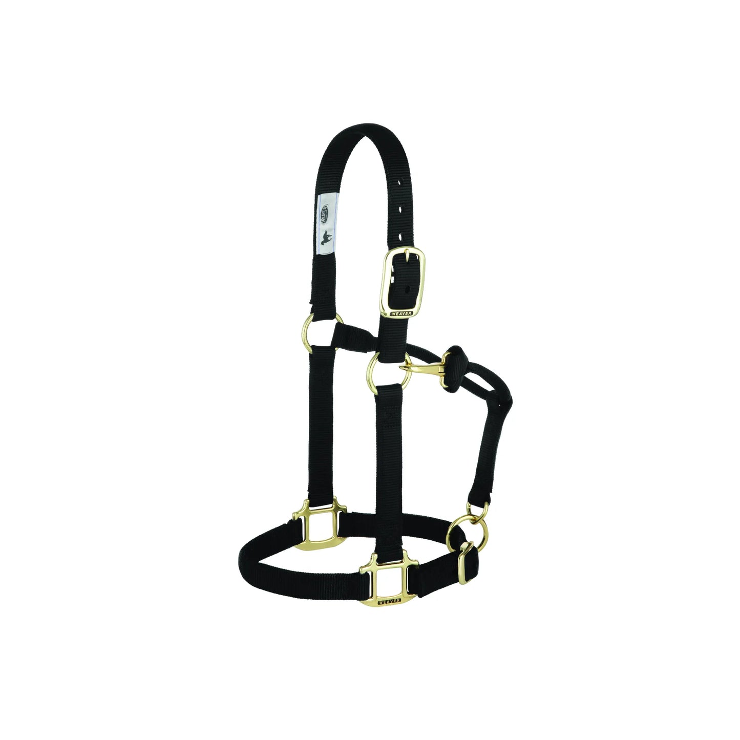 Durable black Weaver Leather nylon horse halter featuring premium brass-plated hardware. This adjustable horse tack includes a buckled crown and a snap throat latch for a secure, custom fit. Ideal for daily grooming, training, or turnout, this professional-grade equestrian equipment offers a classic look with long-lasting performance.