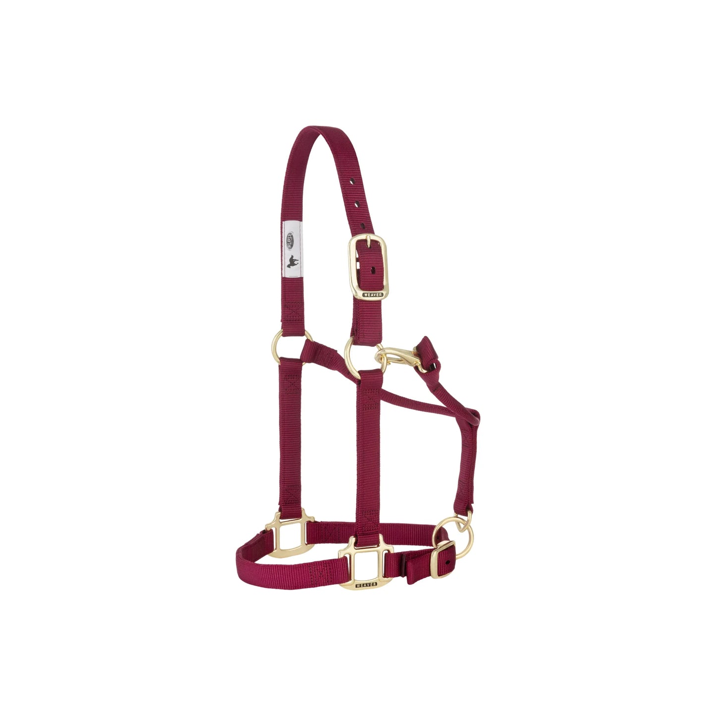 Weaver Leather Adjustable Nylon Horse Halter in rich maroon. This durable equestrian essential features solid brass hardware, double-ply nylon webbing, and adjustable crown and chin straps for a customized, comfortable fit. Ideal for grooming, leading, and everyday turnout, this high-quality maroon horse halter offers a sleek, professional look for your horse.