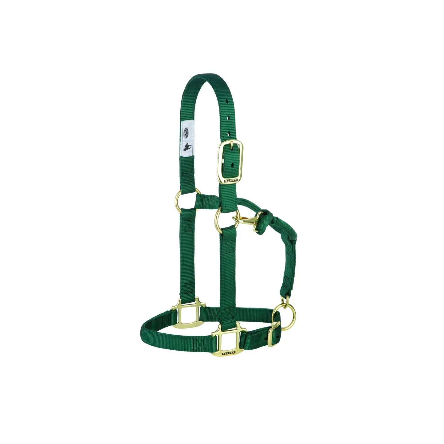 Weaver Leather hunter green nylon horse halter with premium brass-plated hardware. This durable, adjustable equestrian halter features reinforced stitching, a heavy-duty buckle, and a comfortable design for daily turnout or training. The forest green nylon webbing and classic gold-tone hardware offer a stylish and reliable choice for horse owners seeking high-quality tack.