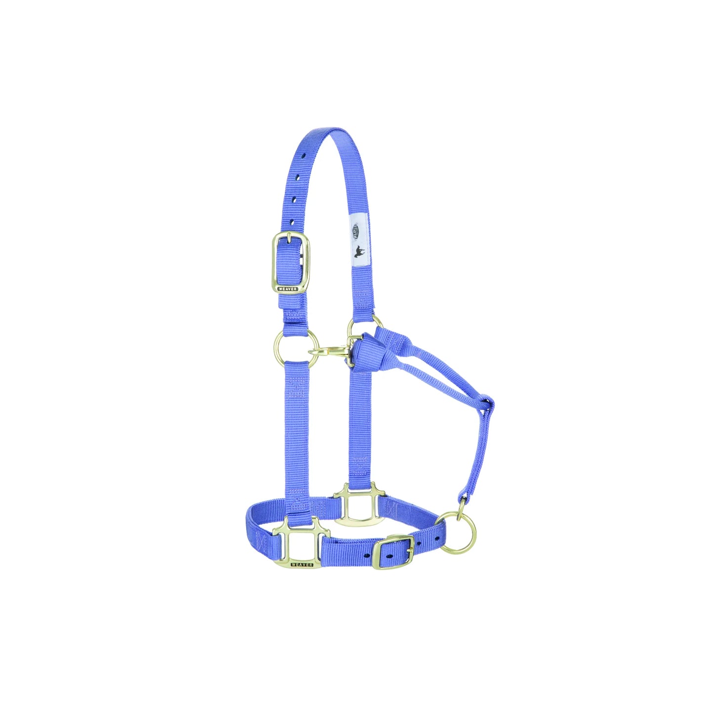 Weaver Leather periwinkle blue adjustable nylon horse halter with durable brass-plated hardware. This high-quality equine headgear features a buckled crown, adjustable chin strap, and a convenient throat snap for a secure, custom fit. Built with reinforced stitching for longevity, it’s the perfect blend of style and strength for training, turnout, or daily barn use.