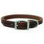Weaver Leather Hybrid Oiled Dog Collar in a rich Russet brown, featuring a durable leather design with elegant white contrast stitching. This premium pet collar includes a heavy-duty silver-tone buckle and a branded Terrain D.O.G. D-ring for secure leash attachment. A rugged yet stylish accessory for active dogs, combining equestrian-grade quality with outdoor functionality.