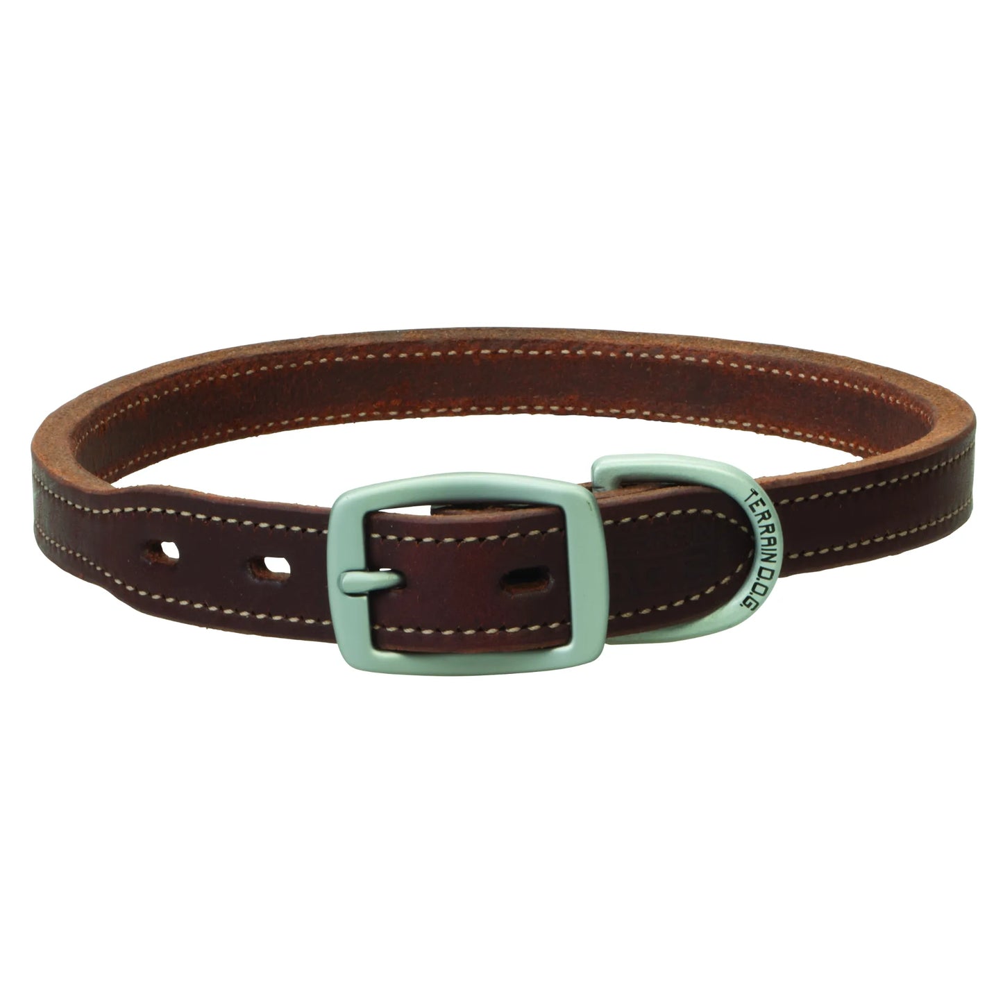 Weaver Leather Hybrid Oiled Dog Collar in Russet brown with white contrast stitching and matte silver hardware. This heavy-duty leather collar features a rugged 'TERRAIN D.O.G.' engraved D-ring and a classic buckle closure. Ideal for active pets, this premium russet leather dog collar offers durability and a timeless outdoorsy style.