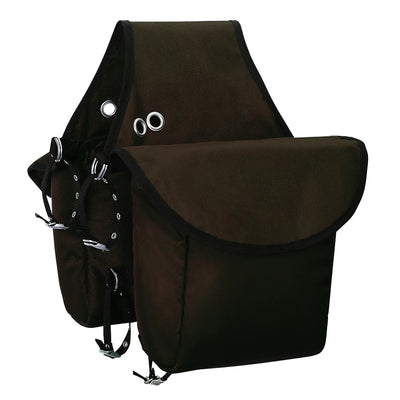 Weaver Leather Insulated Saddle Bag in dark brown. This durable equestrian trail riding gear features two large insulated pouches with secure flap covers and adjustable buckle straps. Designed with silver-toned metal grommets on a wide center yoke for easy attachment to a horse saddle. Perfect for keeping food and drinks cool on long trail rides, this heavy-duty horse saddle bag combines high-quality performance with classic Western style.