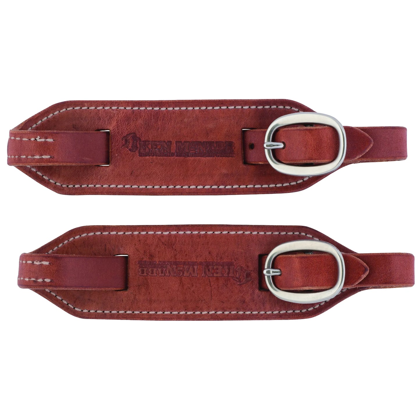 Weaver Leather Ken McNabb Buckle Slobber Straps crafted from premium mahogany leather with white contrast stitching and durable silver buckles. These high-quality Western horse tack accessories feature the Ken McNabb logo and are designed for superior bit communication and easy rein attachment. Perfect for training, trail riding, and everyday equestrian use. Enhance your ride with professional-grade leather slobber straps.