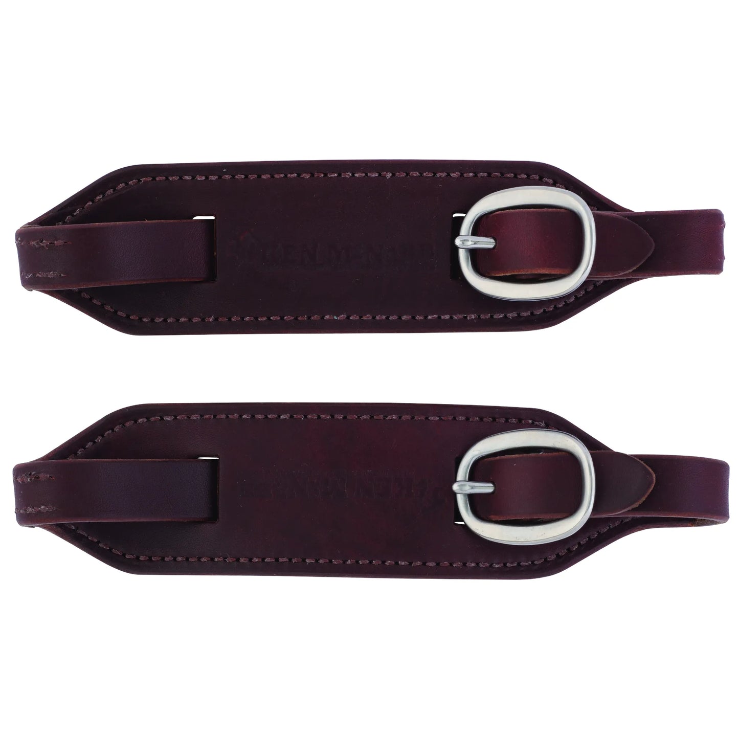Weaver Leather Ken McNabb Buckle Slobber Straps in deep burgundy leather with classic stitching. These premium Western horse tack accessories feature stainless steel buckles for quick, secure bit attachment. Designed to enhance communication and feel, these durable slobber straps are a top choice for Western riders and horse trainers looking for high-quality equestrian gear.