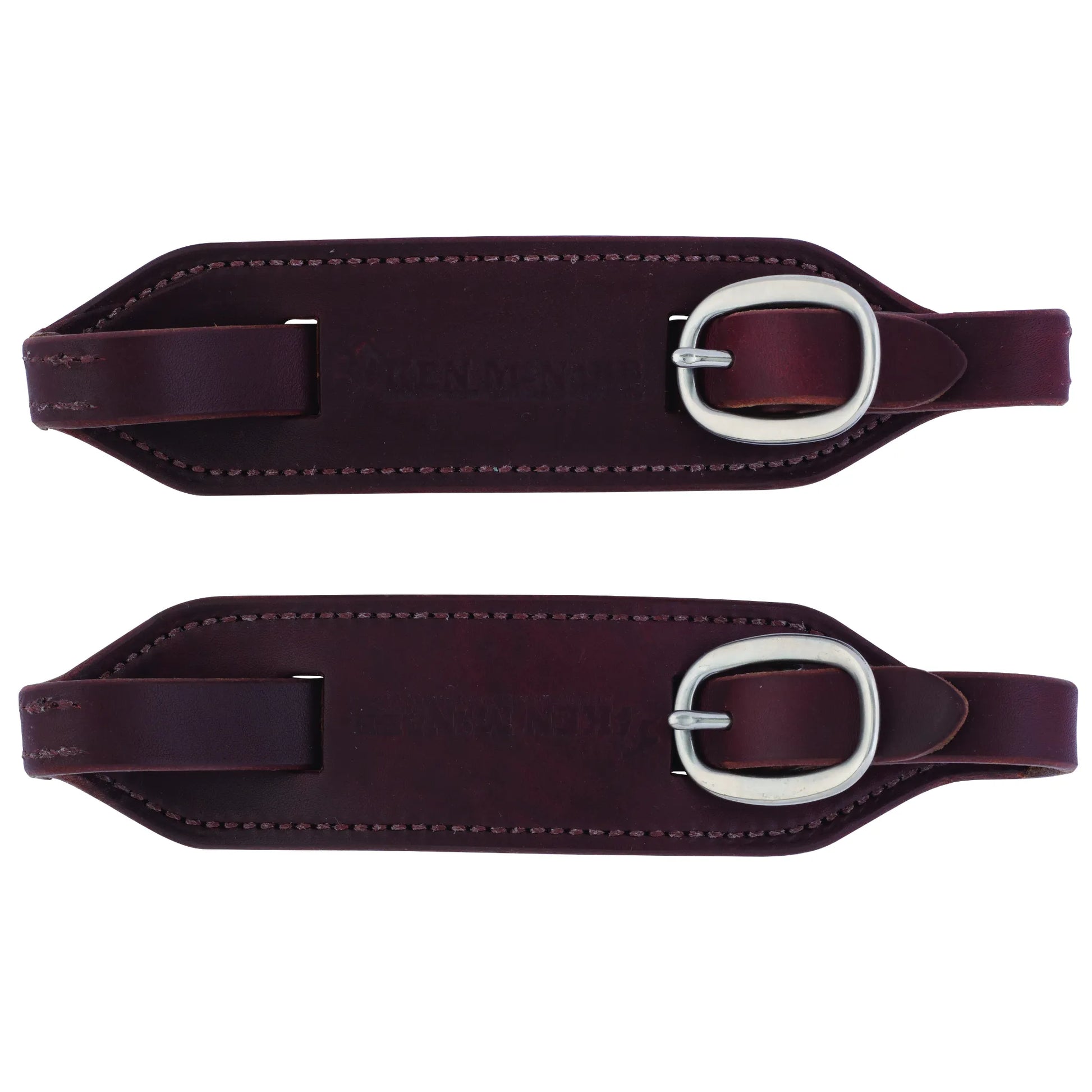 Weaver Leather Ken McNabb Buckle Slobber Straps in deep burgundy leather with classic stitching. These premium Western horse tack accessories feature stainless steel buckles for quick, secure bit attachment. Designed to enhance communication and feel, these durable slobber straps are a top choice for Western riders and horse trainers looking for high-quality equestrian gear.