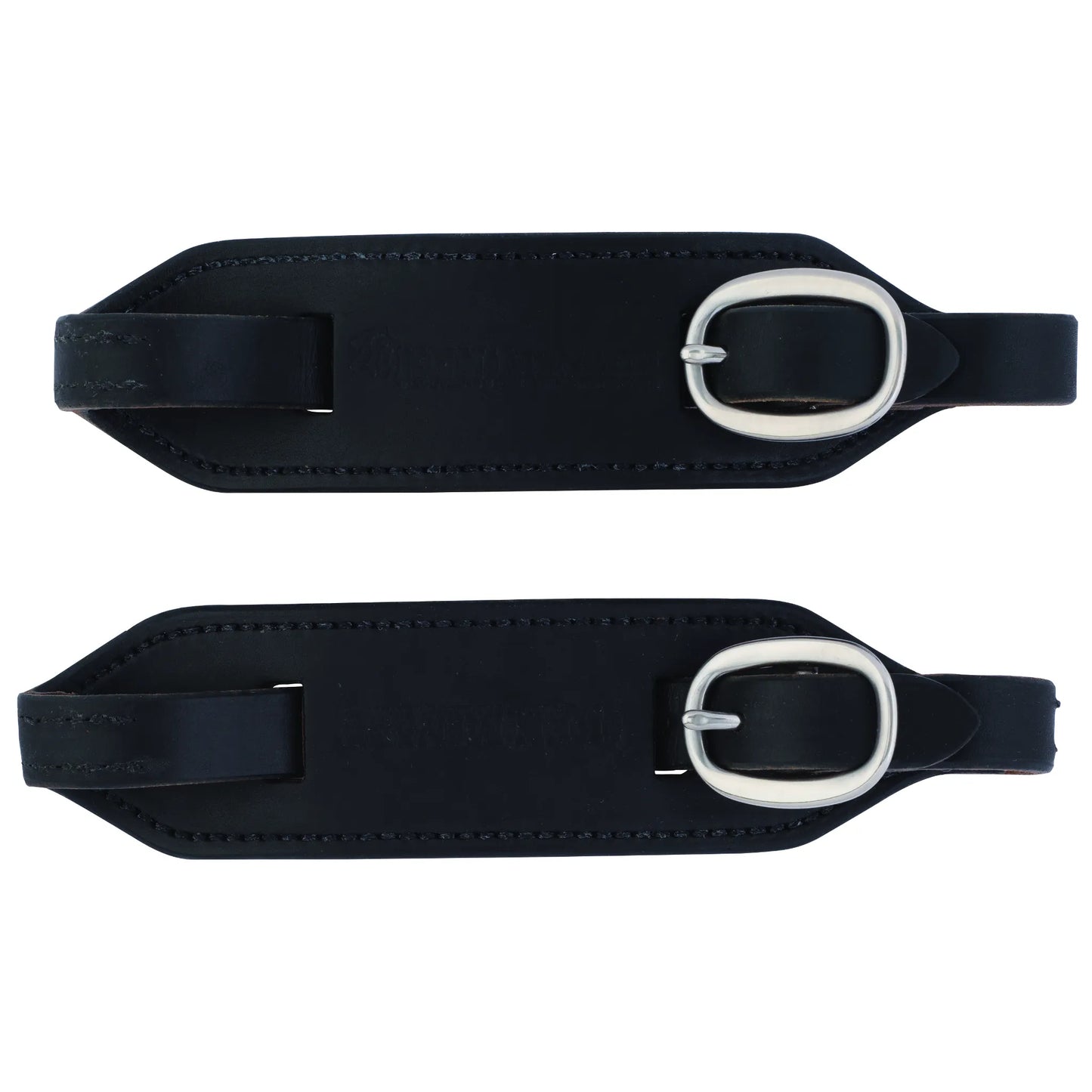 Weaver Leather Ken McNabb Buckle Slobber Straps in premium black leather. These high-quality equestrian straps feature durable silver buckles and precise stitching for a classic Western look. Designed to enhance communication between bit and rein, they are an essential piece of horse tack for training or trail riding. A stylish and functional addition to any rider's gear collection.