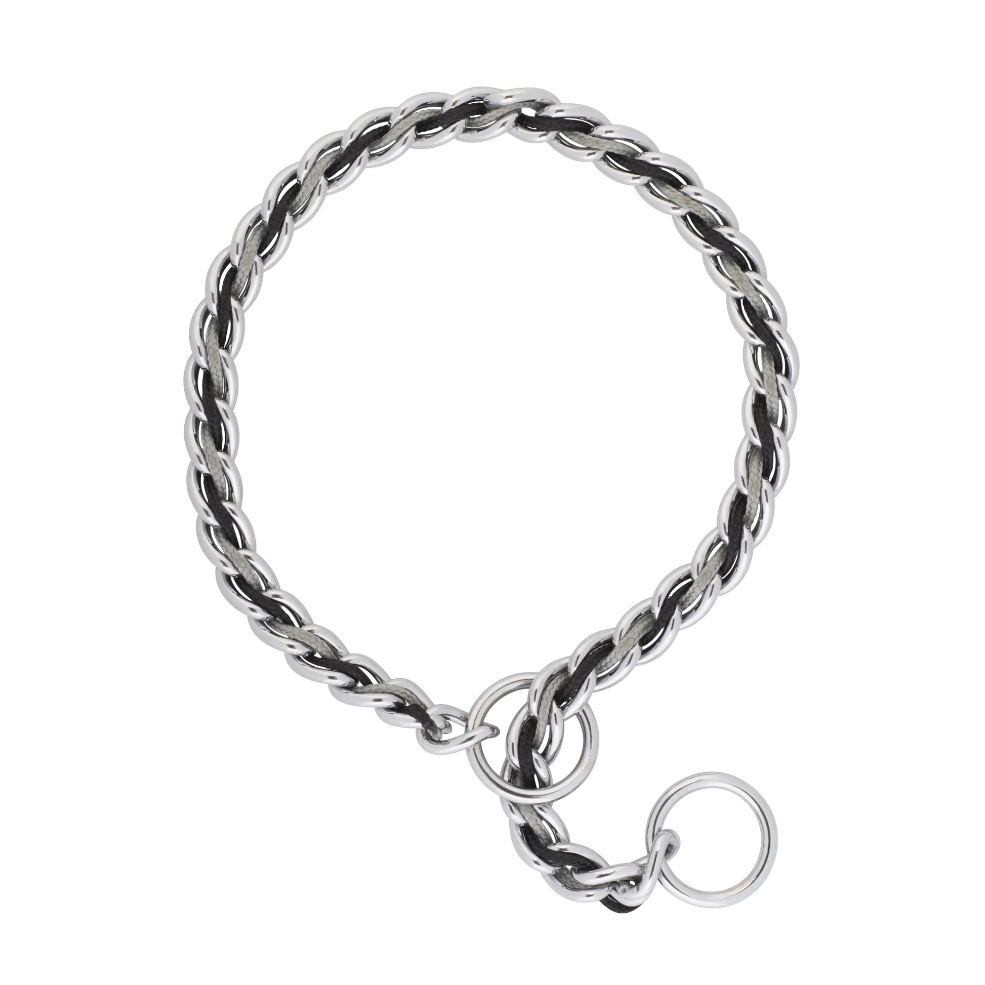 Weaver Leather Laced Chain Slip Collar featuring durable silver metal links interwoven with black and grey cord for a quiet, comfortable walk. This adjustable training collar reduces metal-on-metal noise and prevents fur pulling. Designed with sturdy O-rings for secure lead attachment, it's a stylish and functional choice for professional dog trainers and pet owners alike.