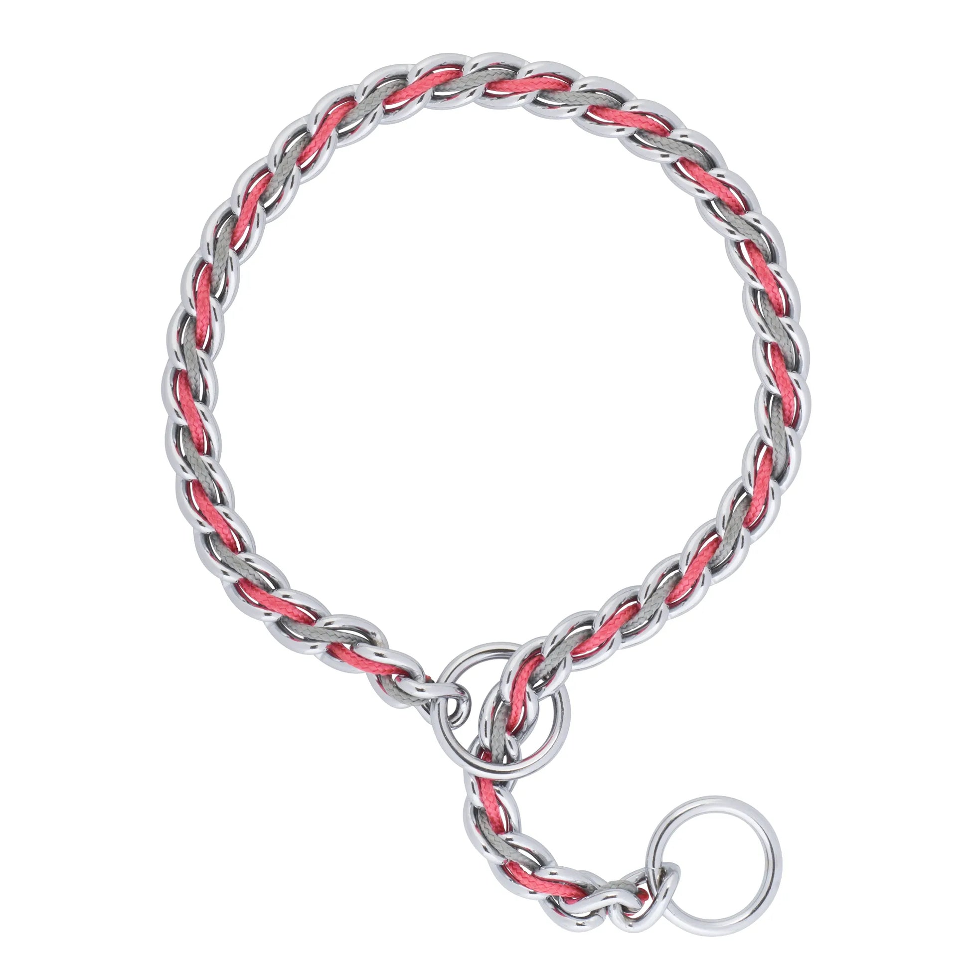 Weaver Leather Laced Chain Slip Collar for dogs, featuring a silver metal chain interwoven with red and grey cord for a quieter, more comfortable fit. This training slip collar includes large O-rings for secure leash attachment and smooth operation. Perfect for pet owners seeking a stylish and effective tool for controlled walks and professional dog training.