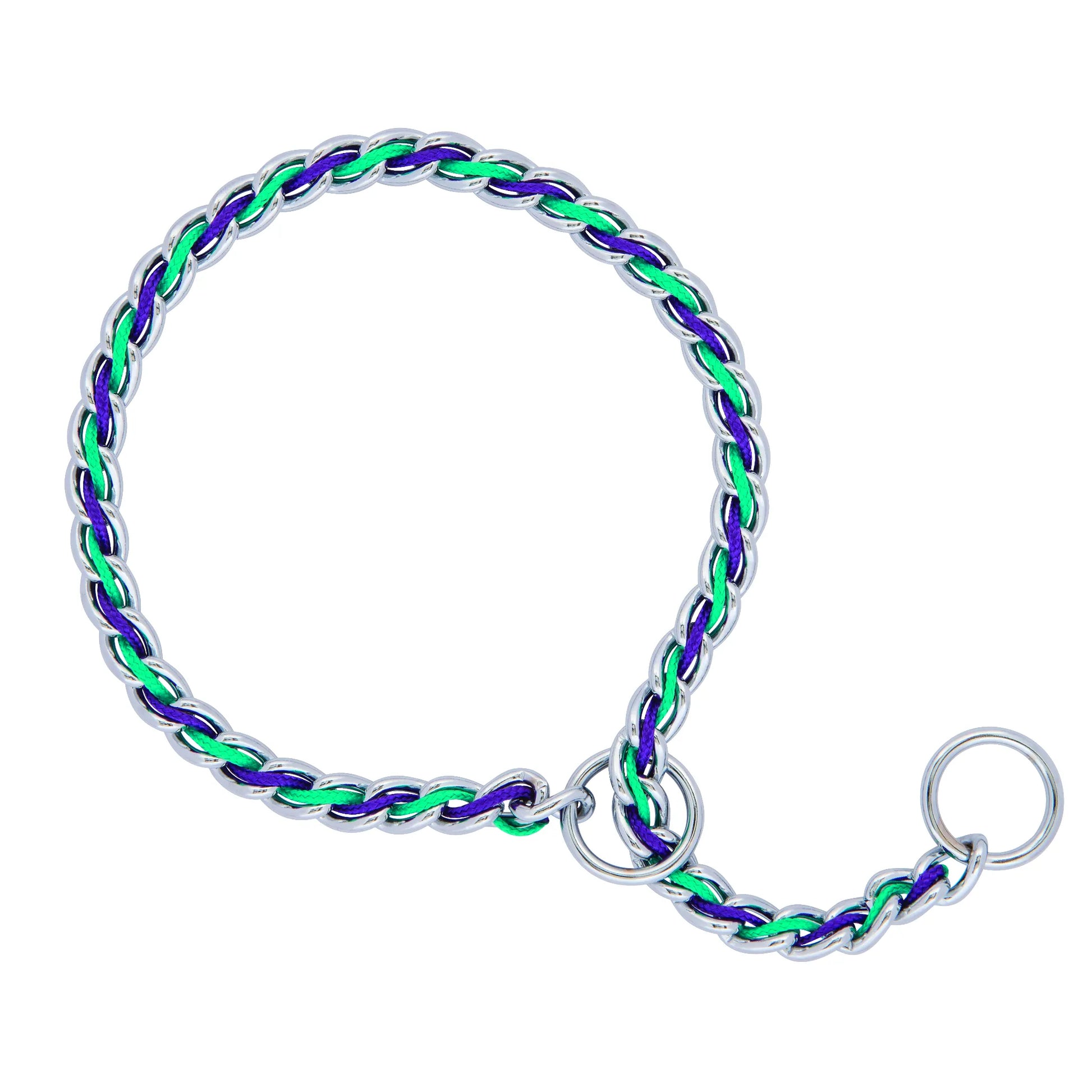 Weaver Leather Laced Chain Slip Collar for dog training, featuring a chrome-plated silver chain interwoven with vibrant lime green and purple nylon cord. This stylish, quiet slip collar reduces metal-on-metal noise for more comfortable walks. The durable design includes two metal rings for easy attachment and use. Perfect for pet owners seeking a functional and eye-catching training tool for gentle corrections and controlled walking.