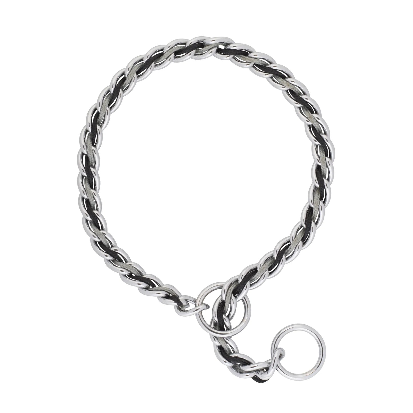 Weaver Leather Laced Chain Slip Collar for quiet, comfortable walks. This durable silver metal dog training collar features interwoven black and grey leather lacing to dampen noise and provide a gentler fit against a dog's neck. The slip-style design includes heavy-duty rings for easy leash attachment and effective control, making it a stylish and functional pet accessory for training and everyday use.