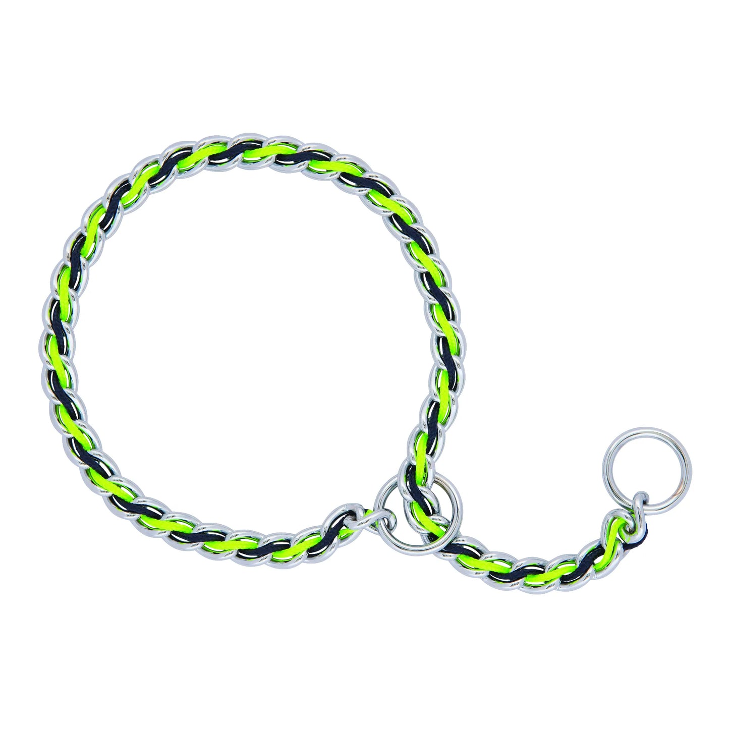 Weaver Leather Laced Chain Slip Collar for dogs, featuring neon lime green and black leather lacing woven through a durable chrome chain. This quiet training collar reduces noise and provides comfort during walks. Designed with a classic slip-on style and dual O-rings for secure lead attachment. Ideal for pet owners seeking a stylish, high-visibility dog training accessory for controlled, comfortable walks.