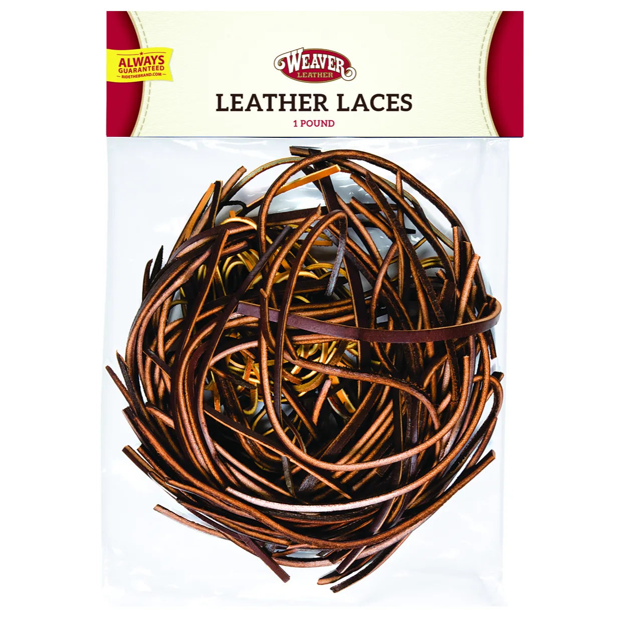 Weaver Leather Laces 1-pound bag featuring a tangle of premium, durable leather strips in rich shades of dark and light brown. Ideal for leathercraft, repair work, DIY jewelry, and heavy-duty crafting projects. The clear packaging highlights the natural texture and quality of the thick leather strings, making them perfect for boot laces, thongs, and lacing. A must-have supply for artisans and hobbyists seeking high-quality, versatile leather cordage.