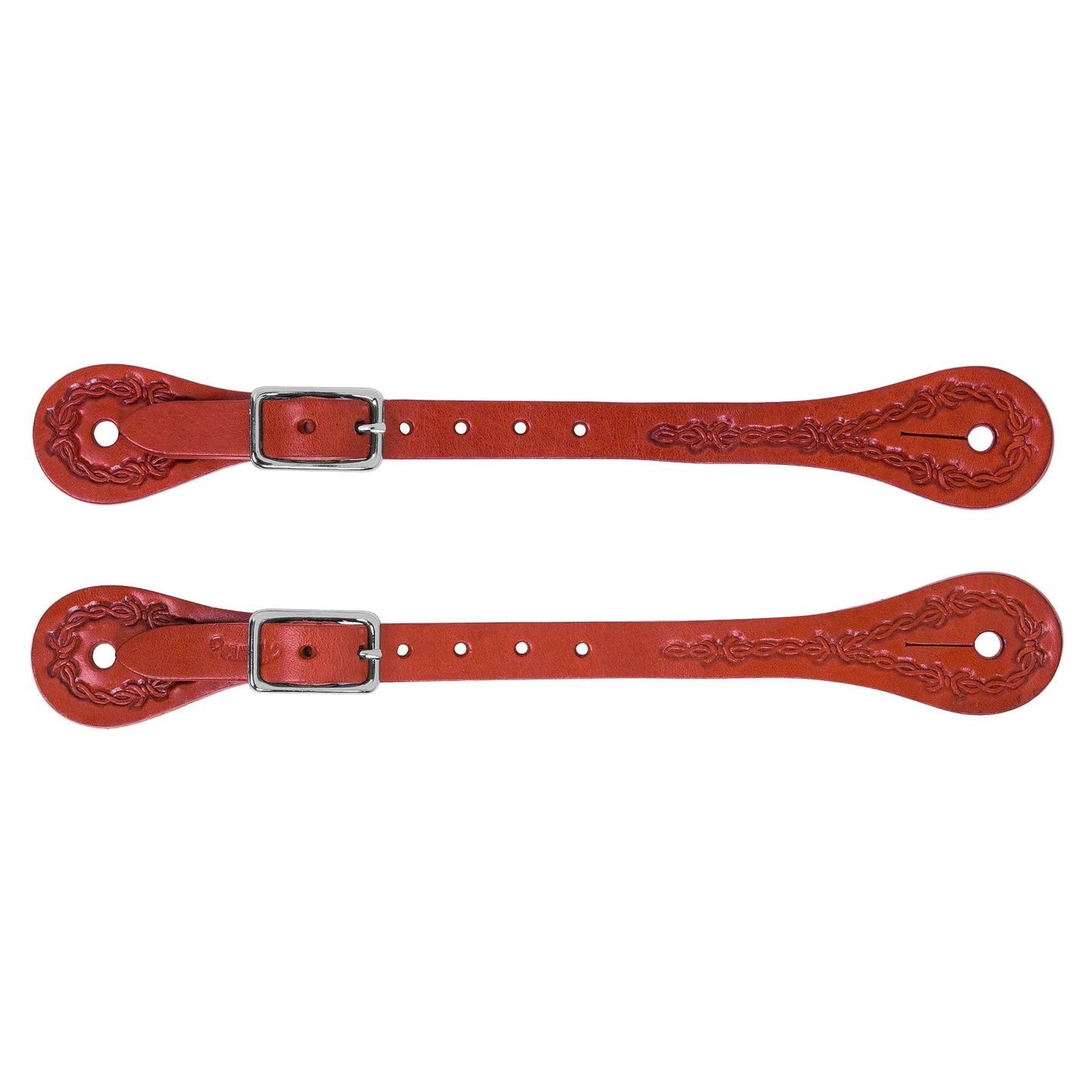 Weaver Leather Ladies' Floral Spur Straps crafted from premium Hermann Oak russet leather. This pair of western spur straps features elegant floral tooling on the teardrop ends and adjustable stainless steel buckles. A stylish and durable choice for cowgirls and western riding enthusiasts looking for high-quality, tooled leather equestrian gear.
