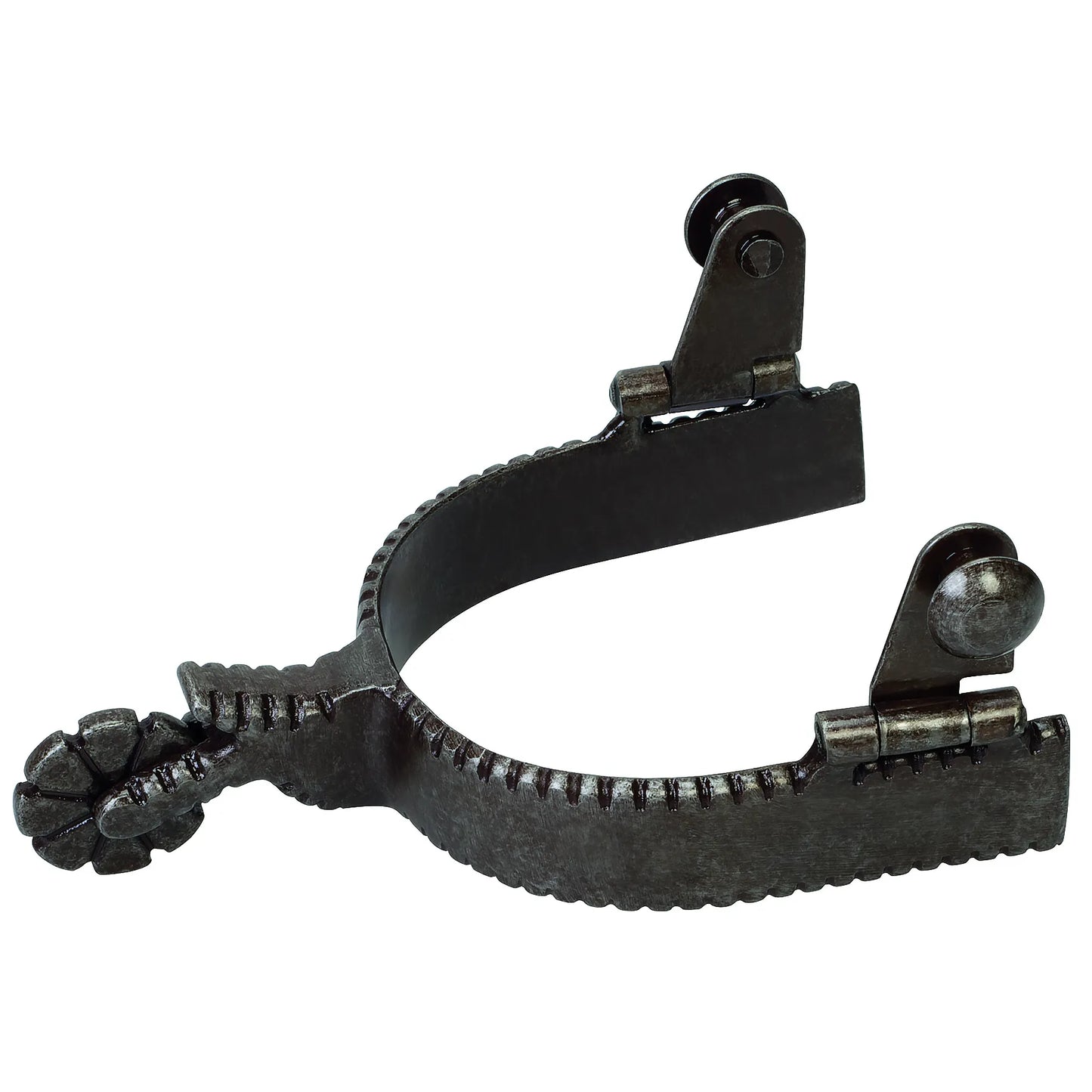Weaver Leather Ladies' Spurs in a rustic buffed brown finish, designed for western equestrian performance. These durable horse riding spurs feature a textured, scalloped heel band and a small flower-style rowel. Hinged buttons provide easy strap attachment for a secure fit on riding boots. Ideal for precision and style in the arena or on the trail, these western spurs are a perfect addition to any cowgirl's riding gear.