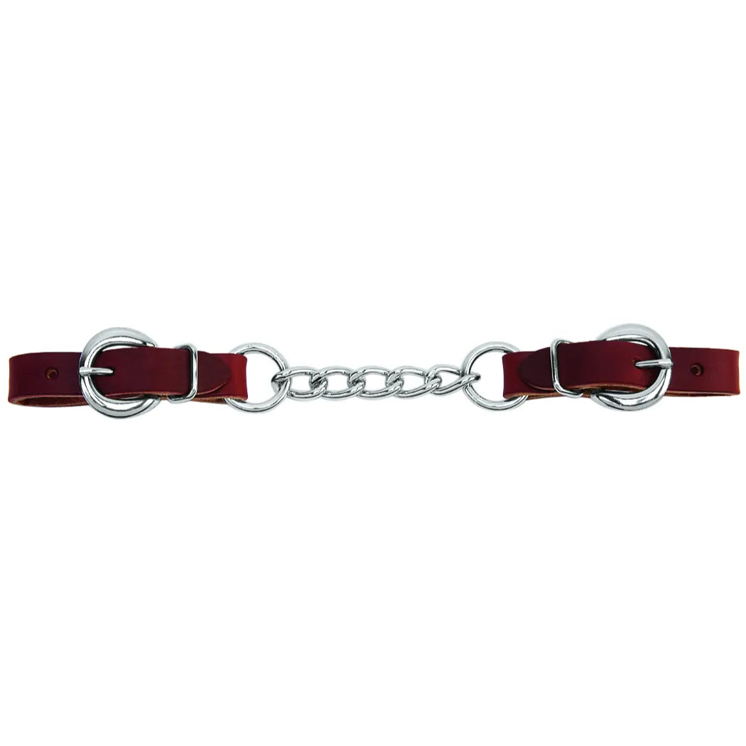 Weaver Leather burgundy latigo leather heavy-duty curb strap with a 4.5-inch single link chain. This premium horse tack accessory features adjustable burgundy leather ends with polished silver-tone buckles. Ideal for western bits, providing durable performance and a classic look for equestrian gear collections.