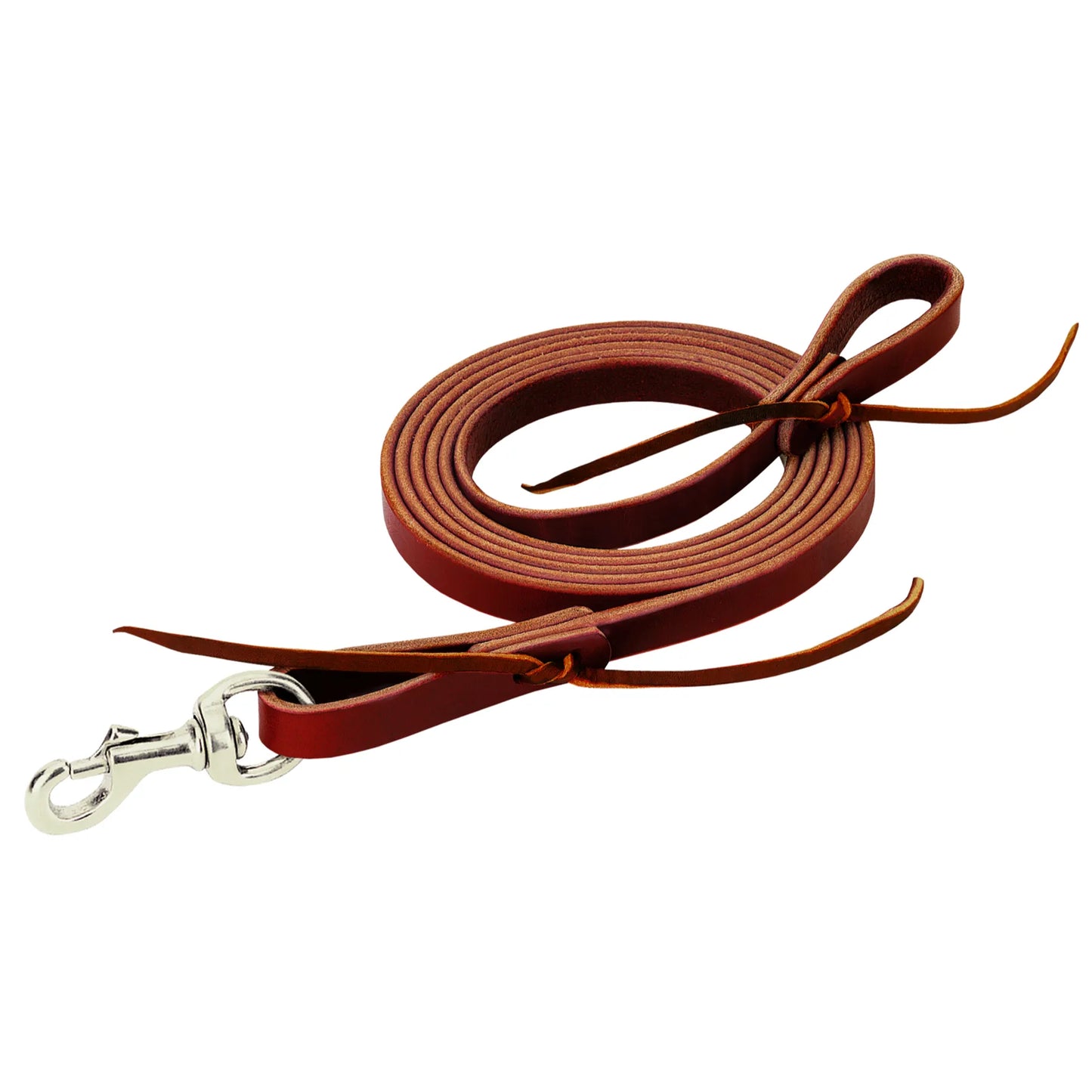 Premium Weaver Leather Latigo Roper Rein in a rich burgundy finish. This 5/8" x 8' Western horse rein is crafted from supple, durable latigo leather with a heavy-duty scissor snap for easy bit attachment and traditional leather ties. Ideal for ropers and trail riders looking for professional-grade horse tack that combines classic style with long-lasting performance. Ride in style with this essential burgundy leather rein.
