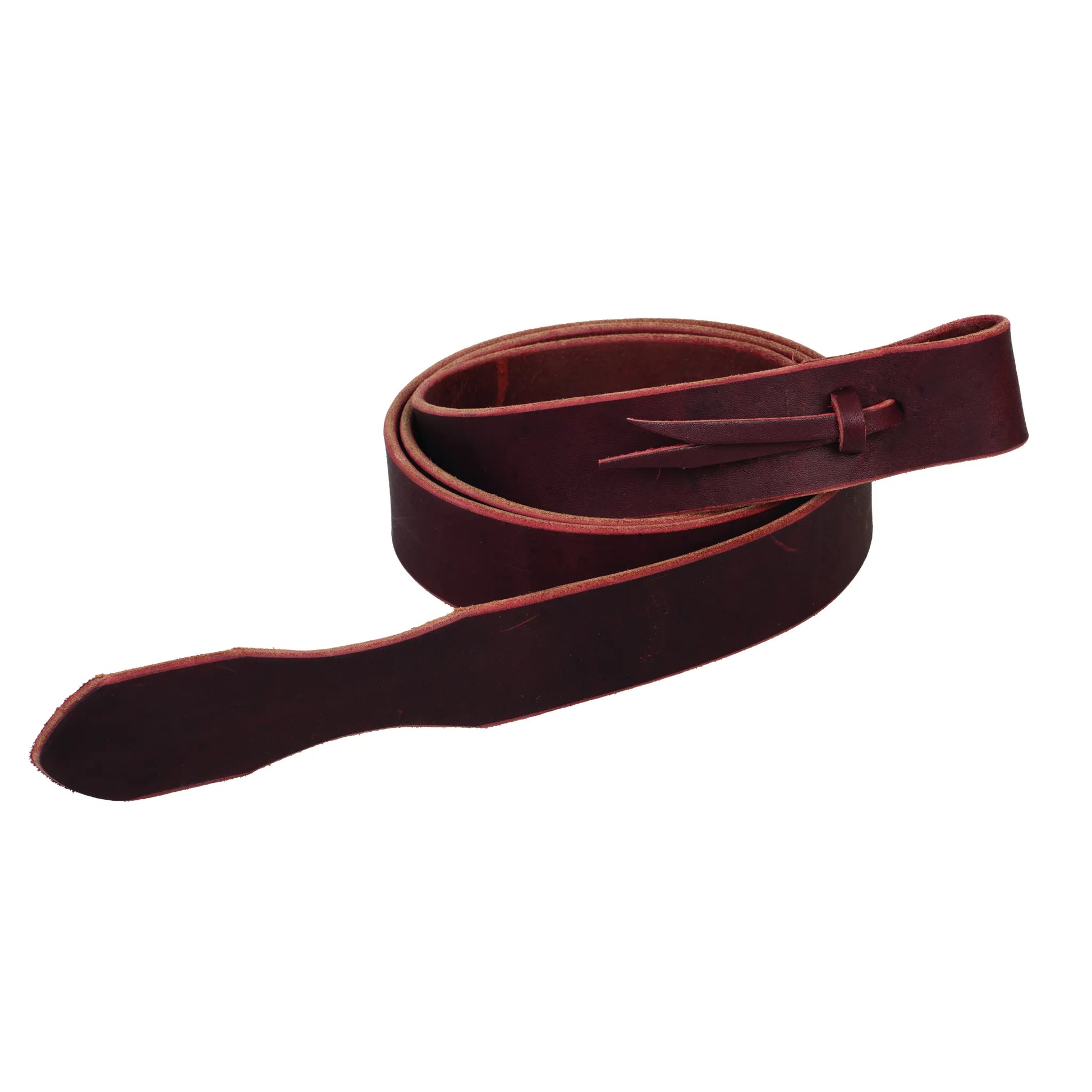 Durable Weaver Leather Latigo Strap in rich burgundy, 1.5" x 60". This premium saddle accessory features a classic tie-on end with leather lace and a tapered tip for easy rigging. Perfect for equestrian tack, this stylish burgundy leather strap is designed for long-lasting performance and security on any horse saddle.
