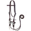 Weaver Leather Western bridle set in rich mahogany leather featuring a browband headstall with adjustable silver buckles and classic tie-bit ends. This complete horse tack setup includes a stainless steel snaffle bit and long matching split reins, perfect for trail riding, training, or ranch work. High-quality, durable leather construction makes it a must-have for any equestrian’s tack room.