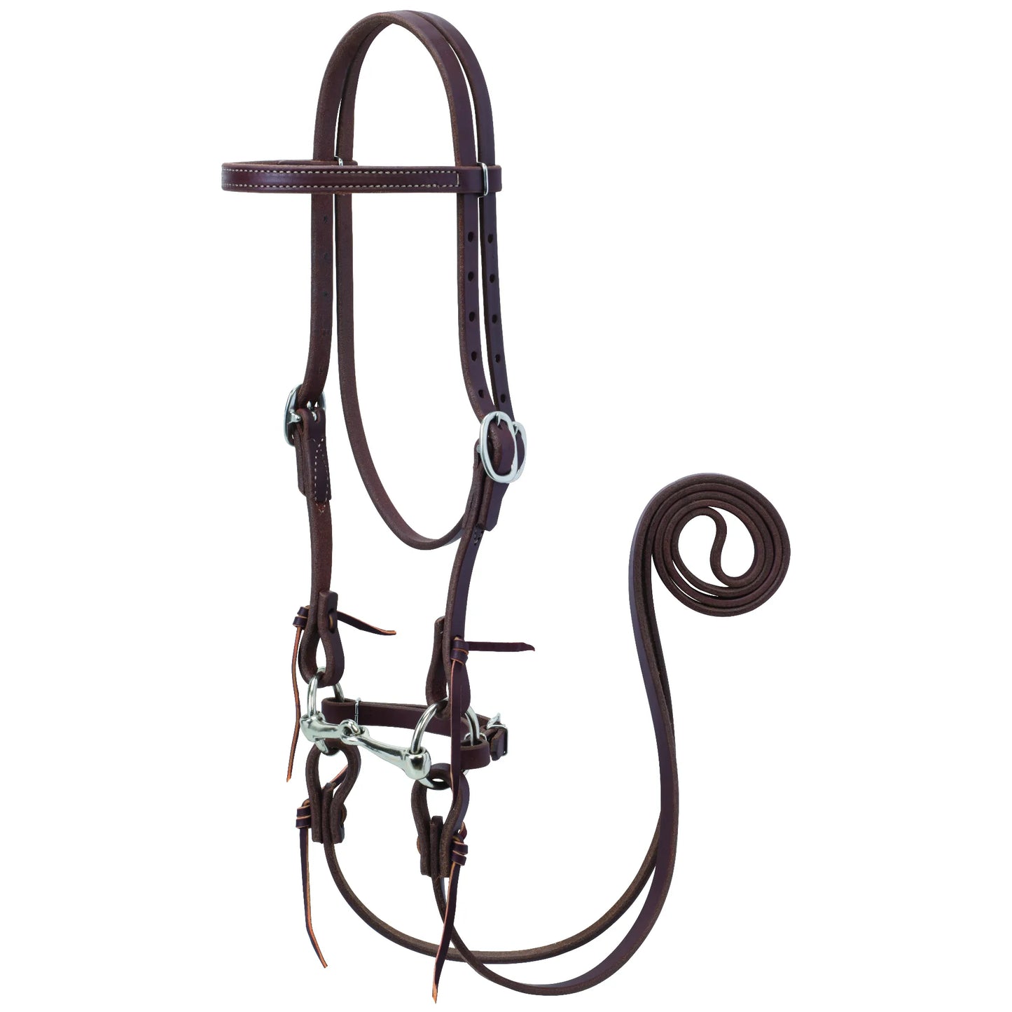 Weaver Leather Western bridle set in rich mahogany leather featuring a browband headstall with adjustable silver buckles and classic tie-bit ends. This complete horse tack setup includes a stainless steel snaffle bit and long matching split reins, perfect for trail riding, training, or ranch work. High-quality, durable leather construction makes it a must-have for any equestrian’s tack room.