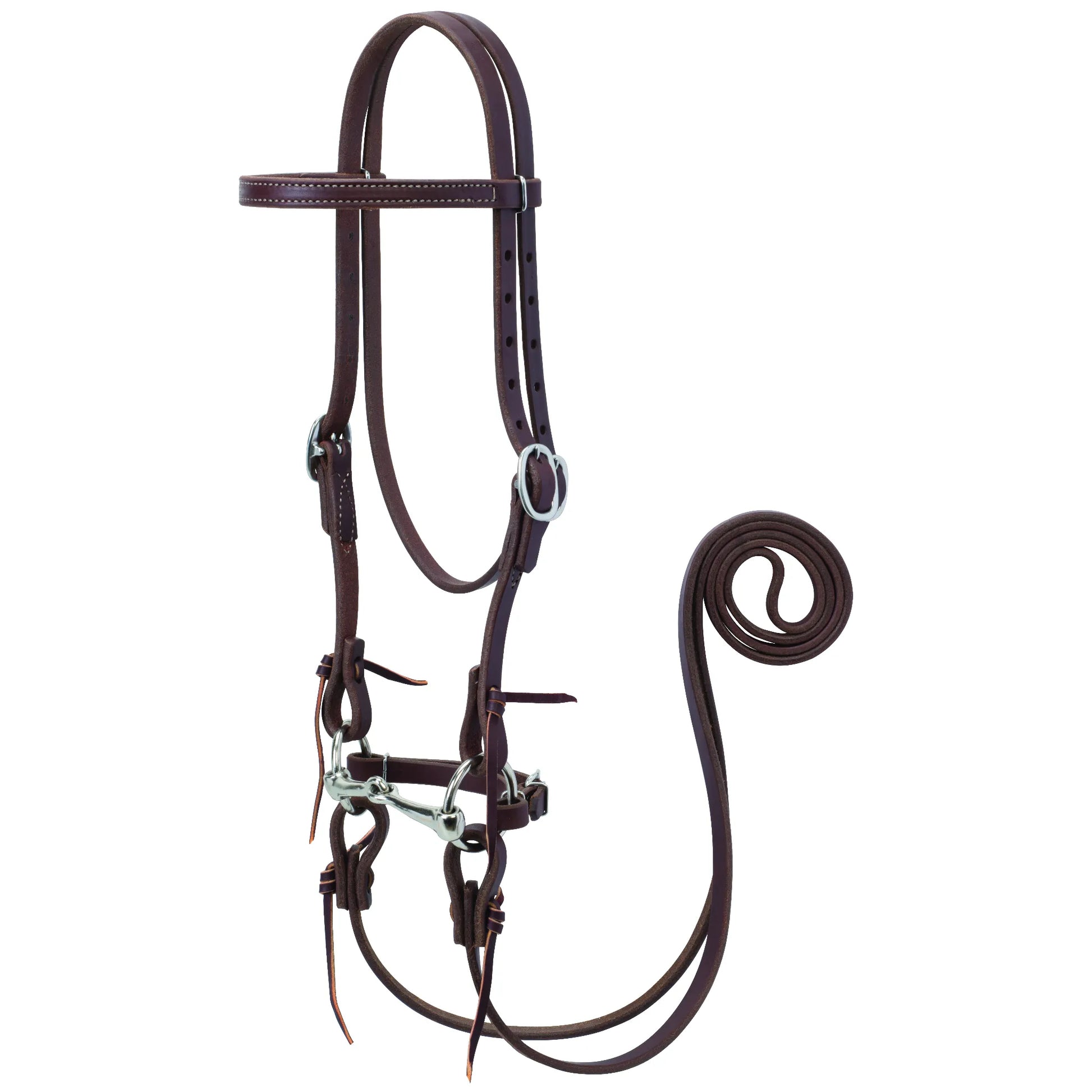 Weaver Leather Western bridle set in rich mahogany leather featuring a browband headstall with adjustable silver buckles and classic tie-bit ends. This complete horse tack setup includes a stainless steel snaffle bit and long matching split reins, perfect for trail riding, training, or ranch work. High-quality, durable leather construction makes it a must-have for any equestrian’s tack room.