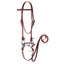 Weaver Leather Western browband headstall in a rich mahogany leather with white contrast stitching. This complete horse bridle includes a silver snaffle bit and matching long split reins. Features traditional latigo string bit ends and durable silver-tone hardware. High-quality, professional-grade horse tack designed for trail riding, training, or everyday ranch work.