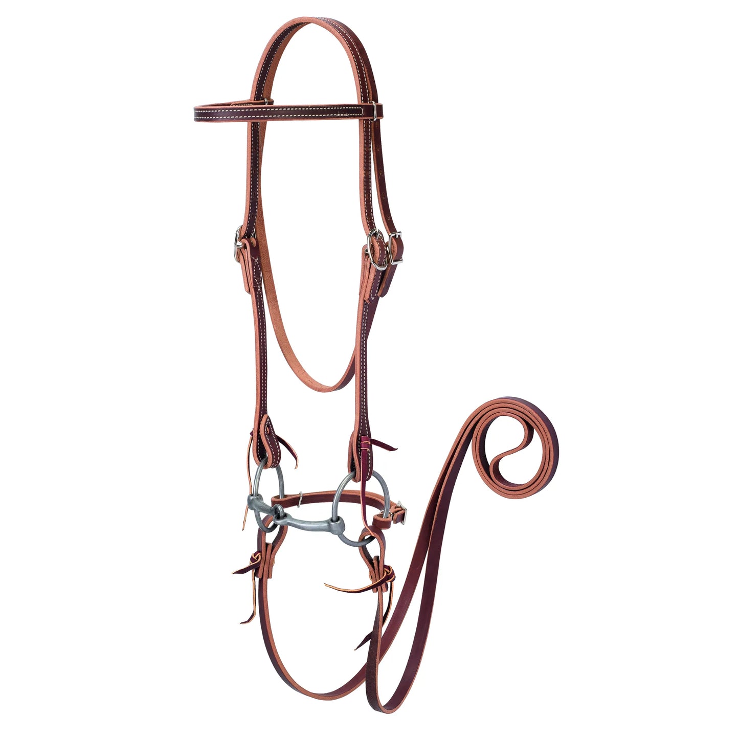 Weaver Leather Western browband headstall in a rich mahogany leather with white contrast stitching. This complete horse bridle includes a silver snaffle bit and matching long split reins. Features traditional latigo string bit ends and durable silver-tone hardware. High-quality, professional-grade horse tack designed for trail riding, training, or everyday ranch work.